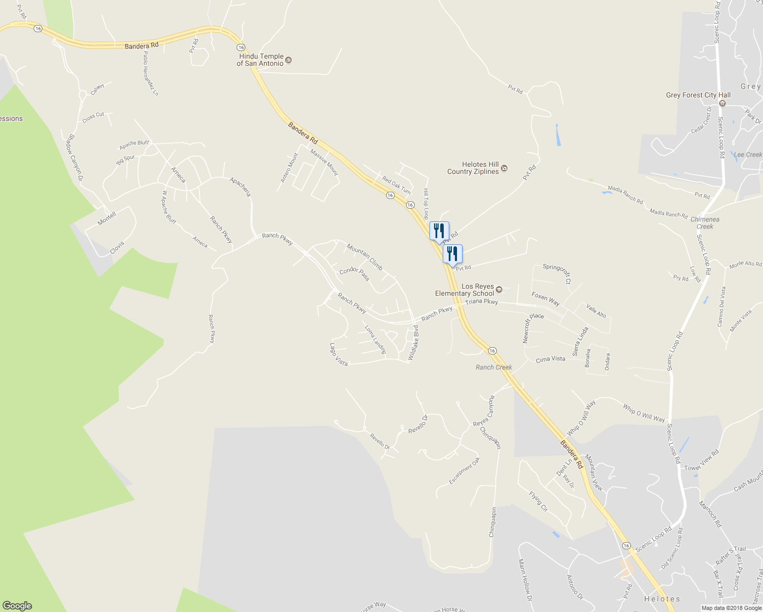 map of restaurants, bars, coffee shops, grocery stores, and more near 16818 Laurel Mont in Helotes