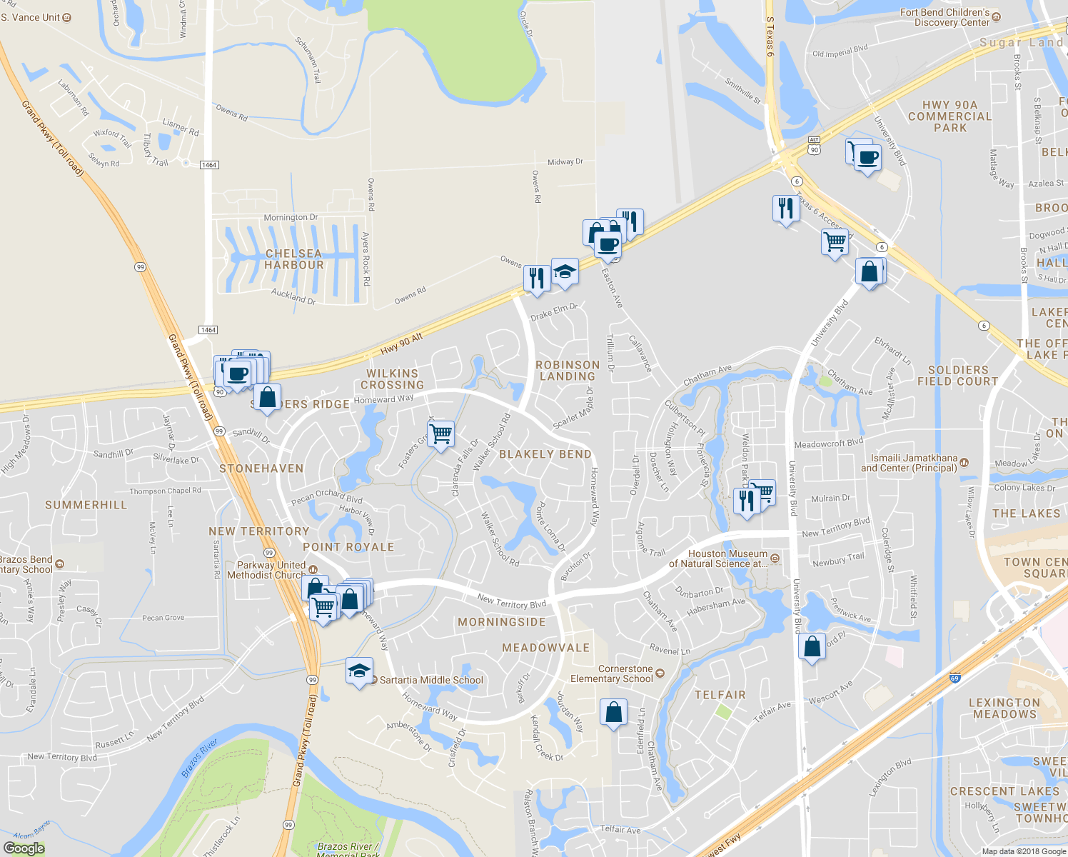 map of restaurants, bars, coffee shops, grocery stores, and more near 611 Lorfing Lane in Sugar Land