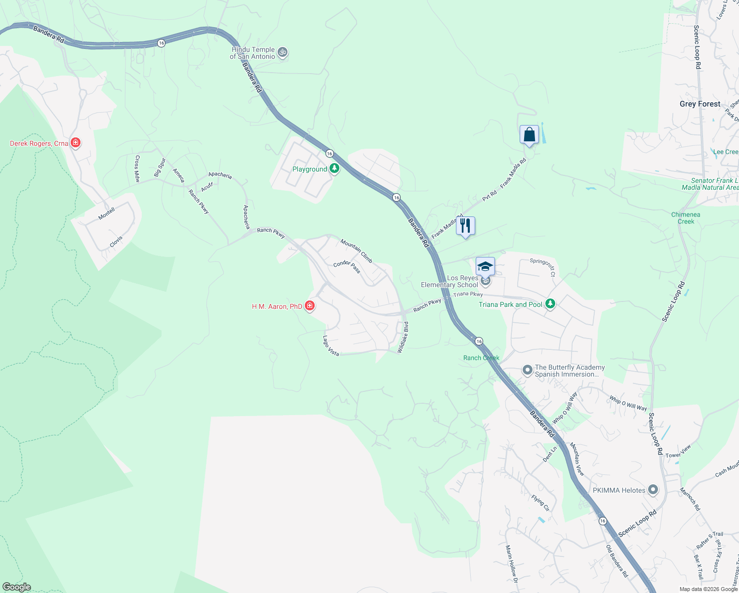 map of restaurants, bars, coffee shops, grocery stores, and more near 16818 Laurel Mont in Helotes