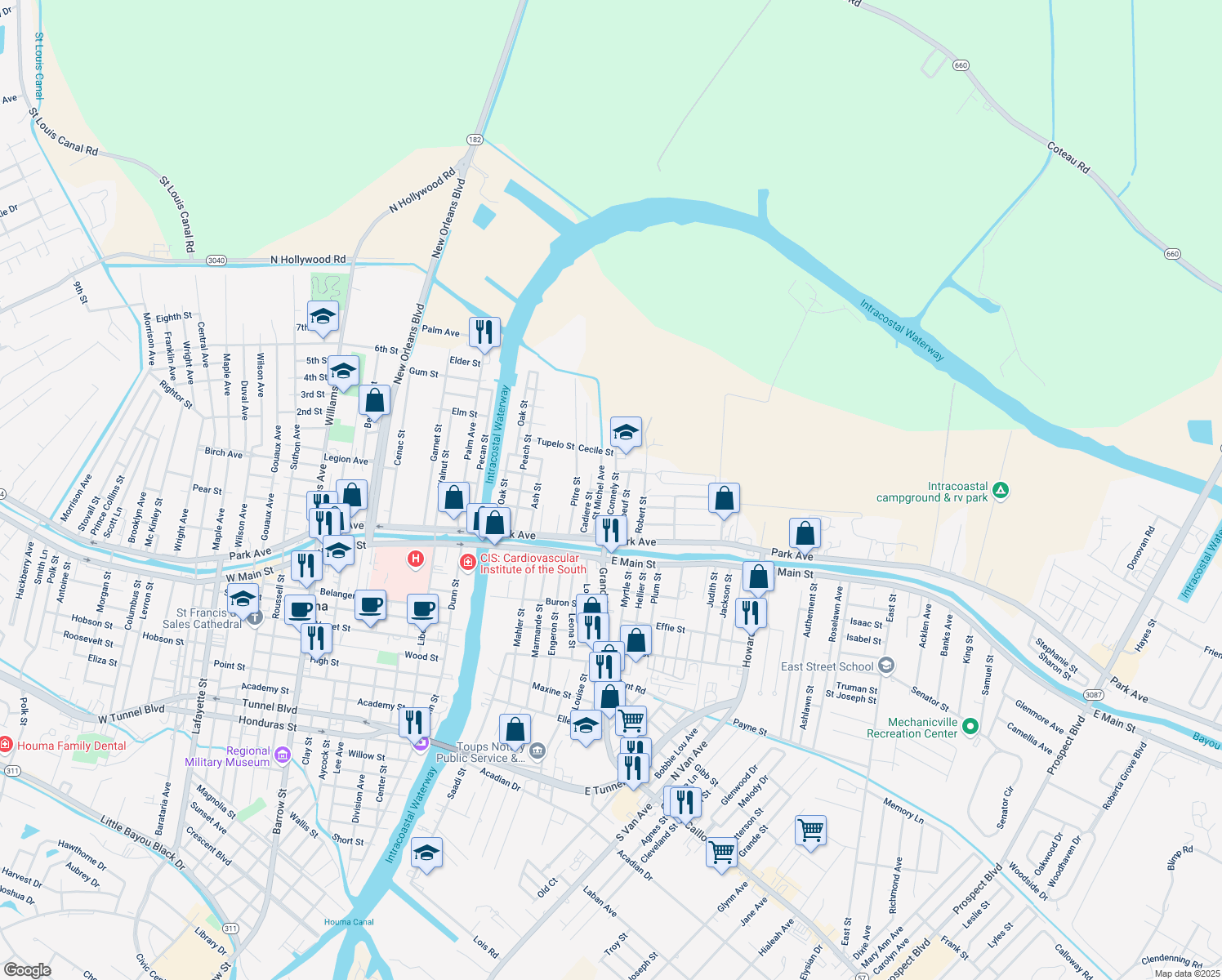 map of restaurants, bars, coffee shops, grocery stores, and more near 8453 Nick Street in Houma