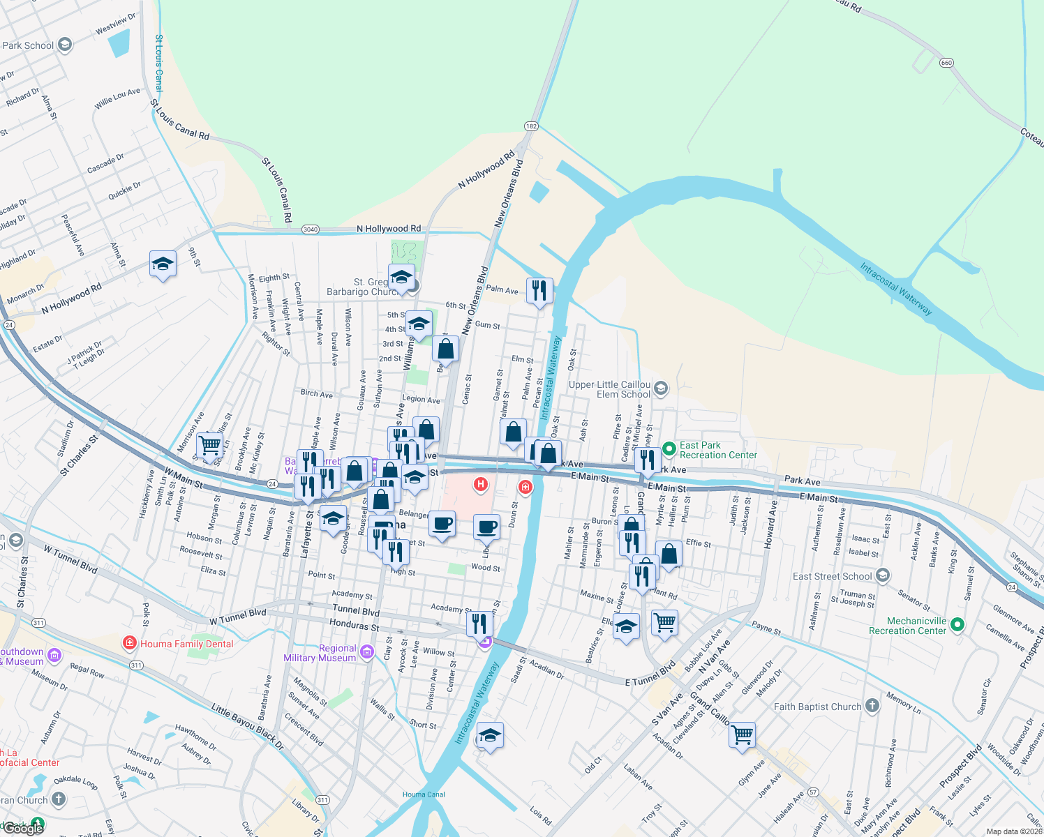 map of restaurants, bars, coffee shops, grocery stores, and more near 198 Palm Ave in Houma