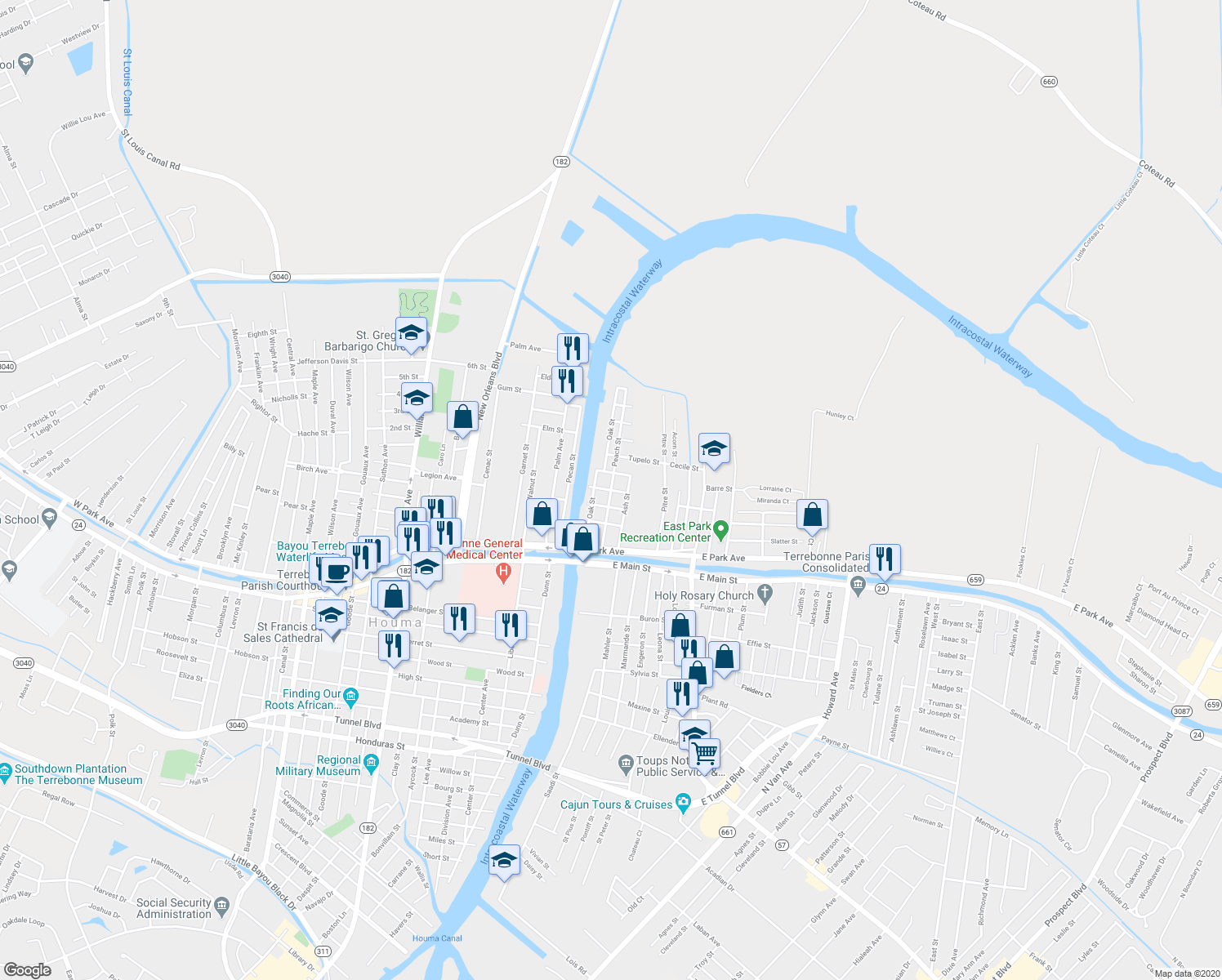 map of restaurants, bars, coffee shops, grocery stores, and more near Georgia St in Houma