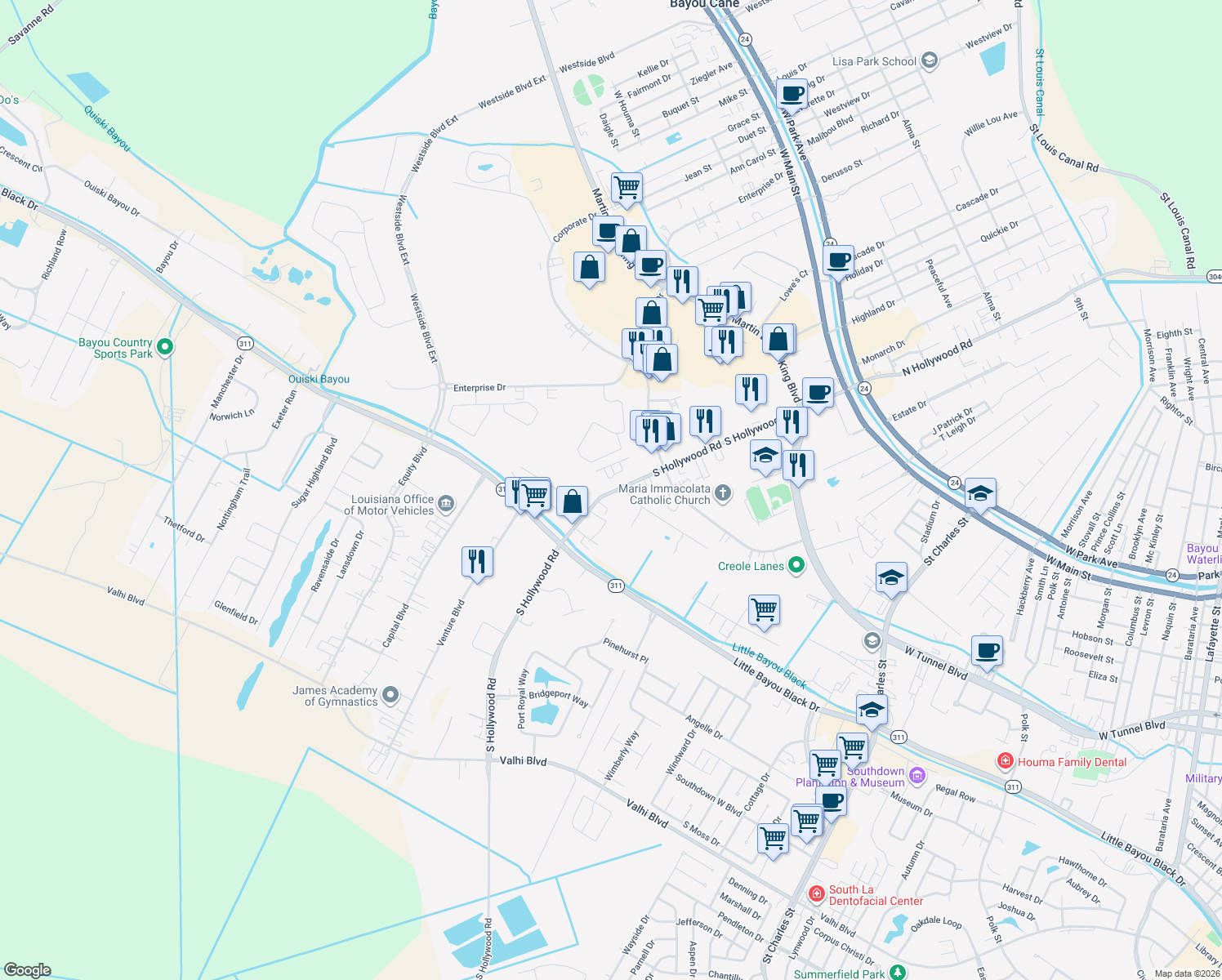 map of restaurants, bars, coffee shops, grocery stores, and more near 296 S Hollywood Rd in Houma