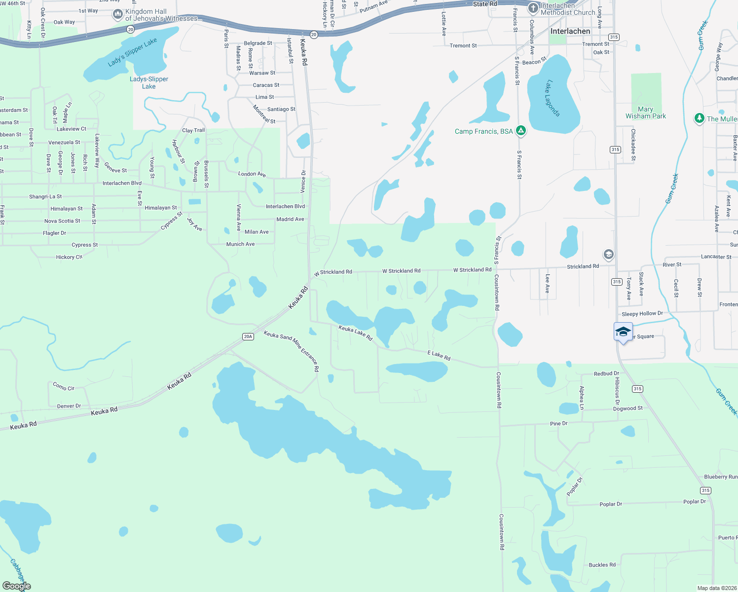 map of restaurants, bars, coffee shops, grocery stores, and more near 171 West Strickland Road in Interlachen