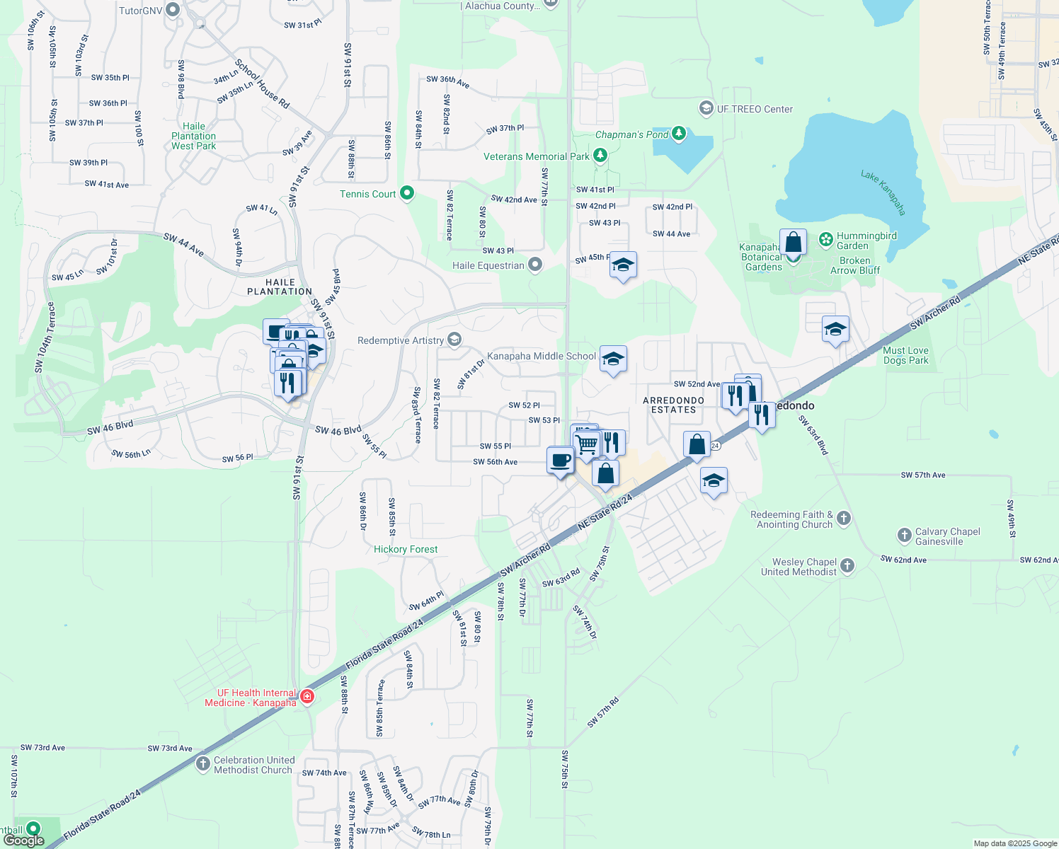 map of restaurants, bars, coffee shops, grocery stores, and more near 5325 Southwest 77th Terrace in Gainesville