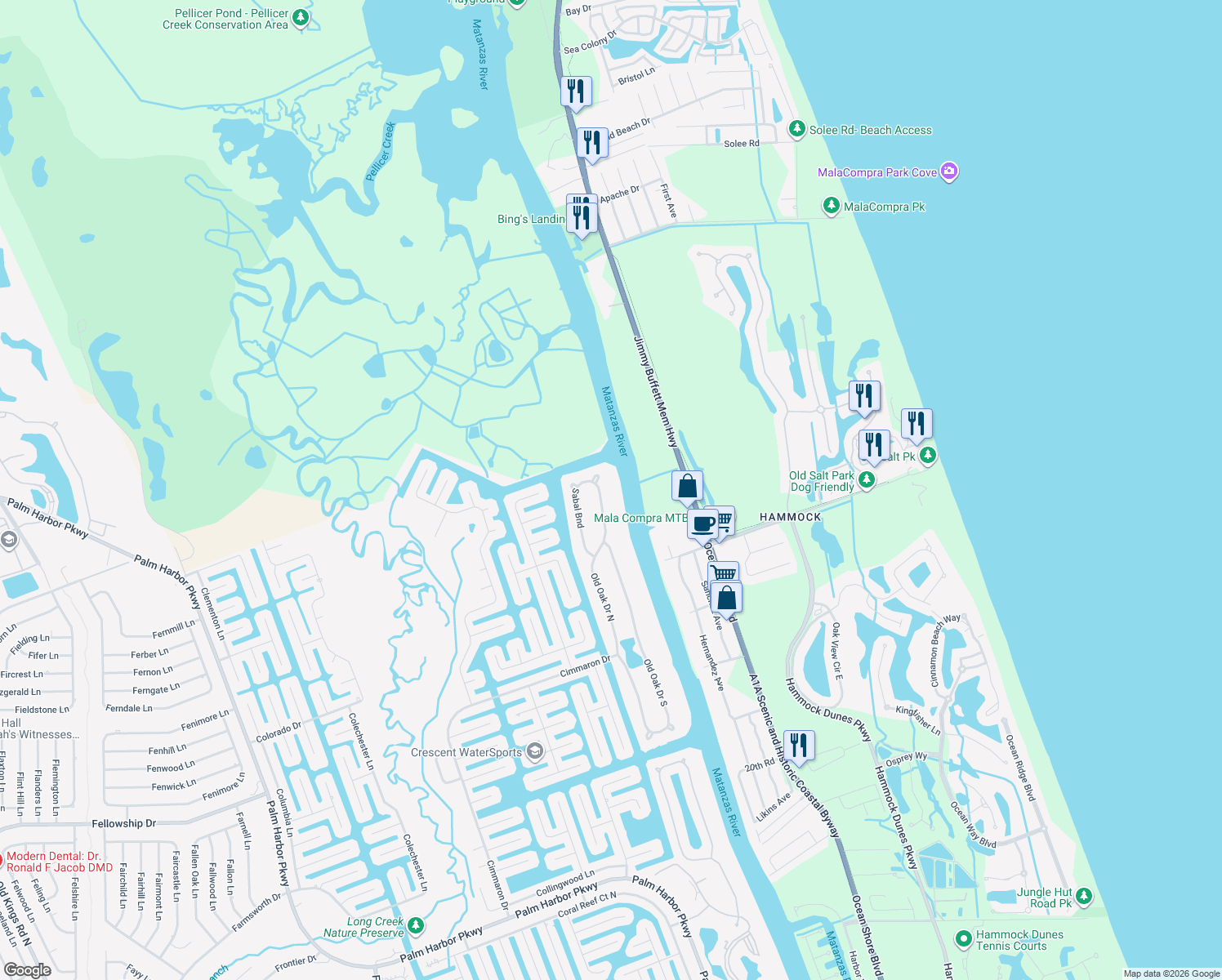 map of restaurants, bars, coffee shops, grocery stores, and more near 18 Sabal Bend in Palm Coast