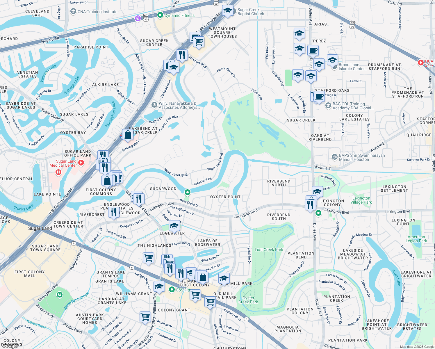 map of restaurants, bars, coffee shops, grocery stores, and more near 1223 Creekford Circle in Sugar Land