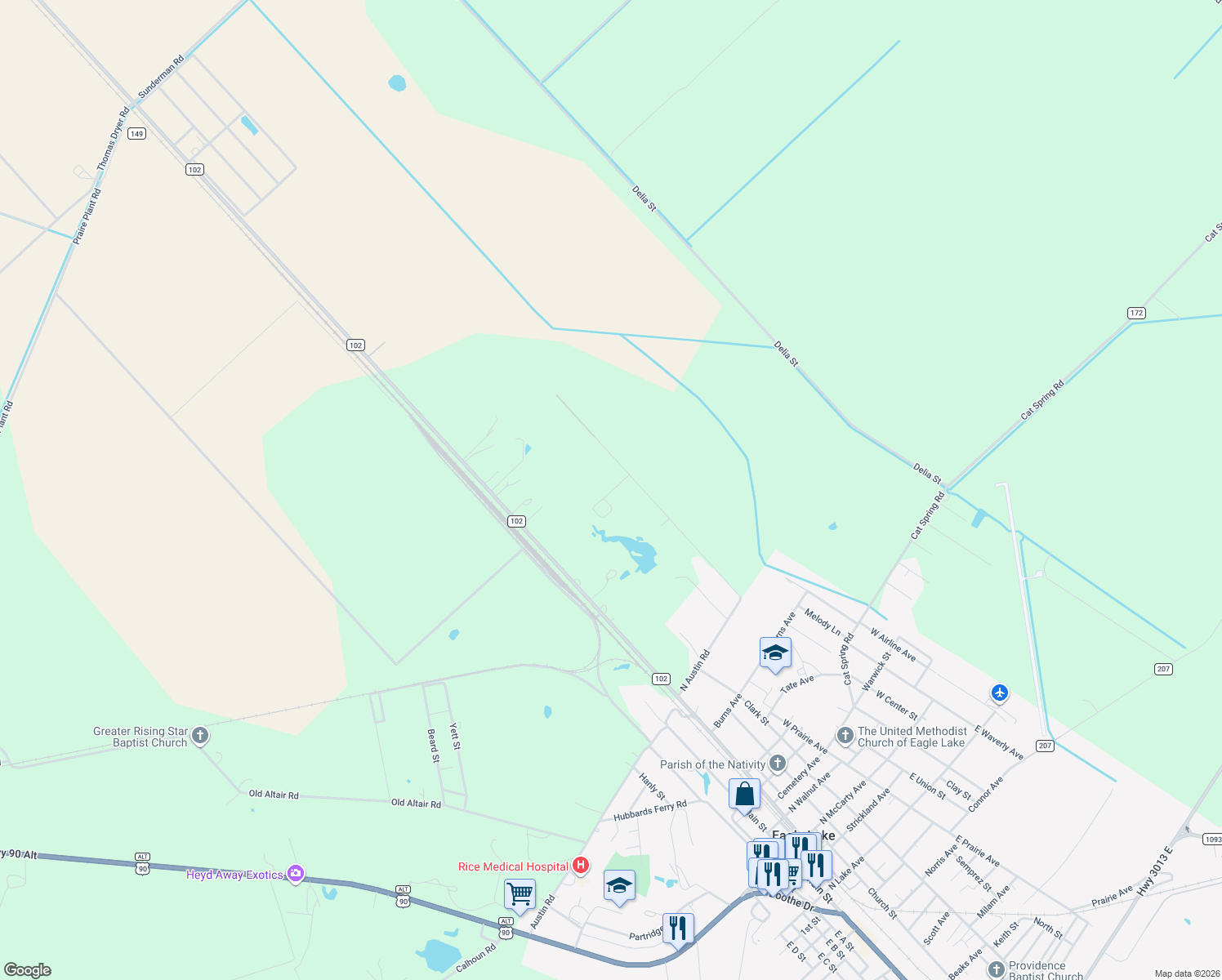 map of restaurants, bars, coffee shops, grocery stores, and more near 1014 Balusek Drive in Eagle Lake