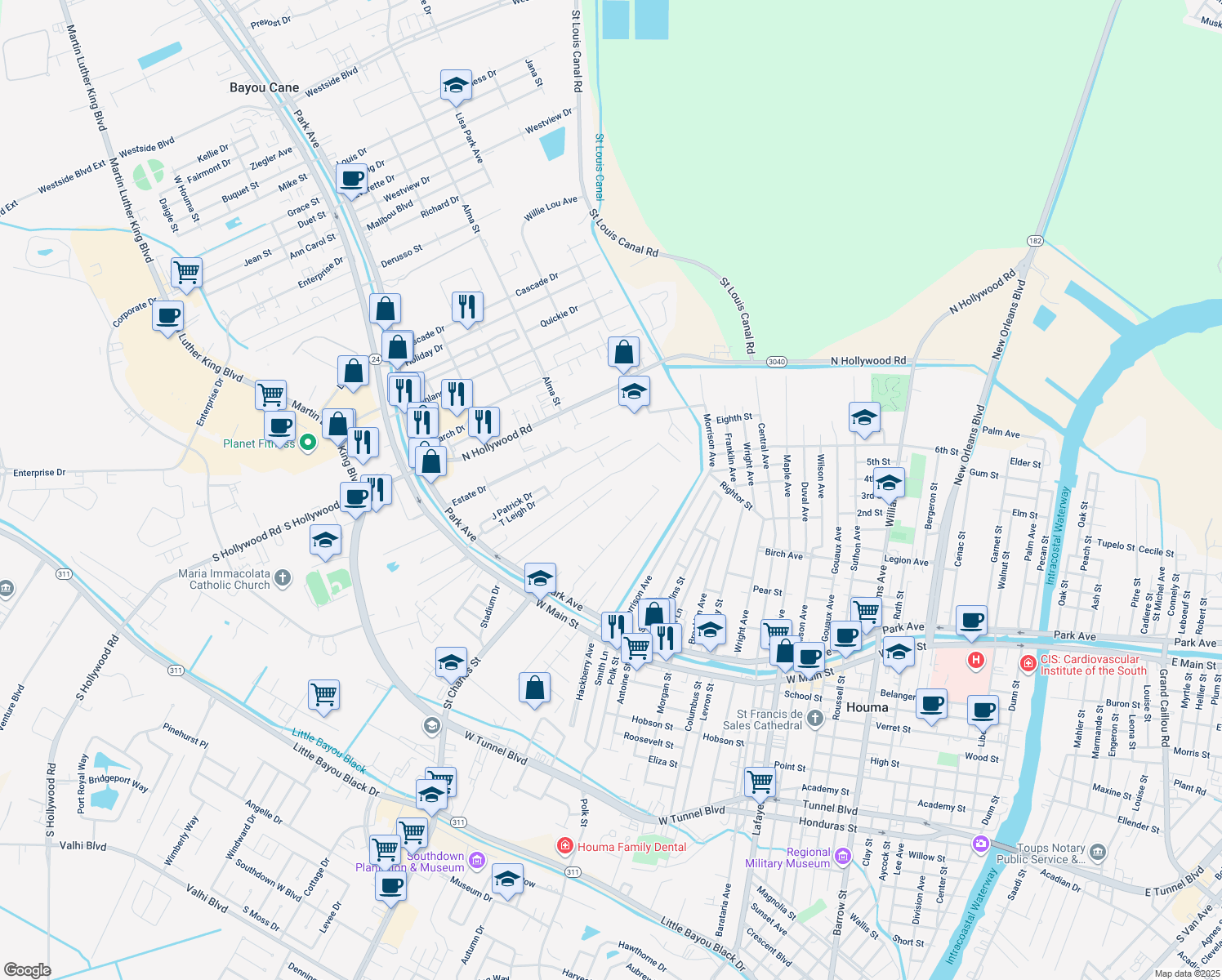 map of restaurants, bars, coffee shops, grocery stores, and more near 312 St Paul St in Houma
