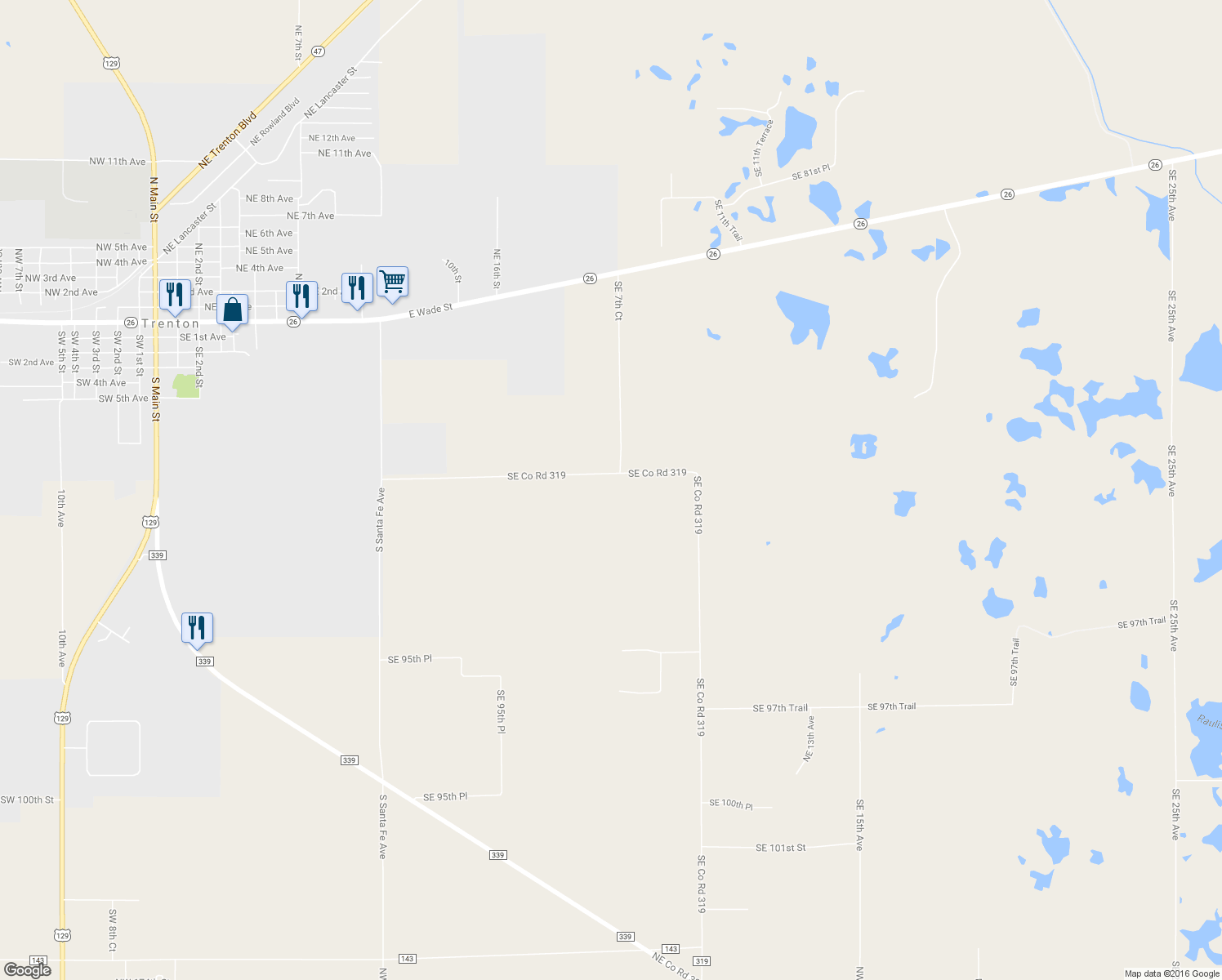 map of restaurants, bars, coffee shops, grocery stores, and more near 9729 Southeast County Road 319 in Trenton