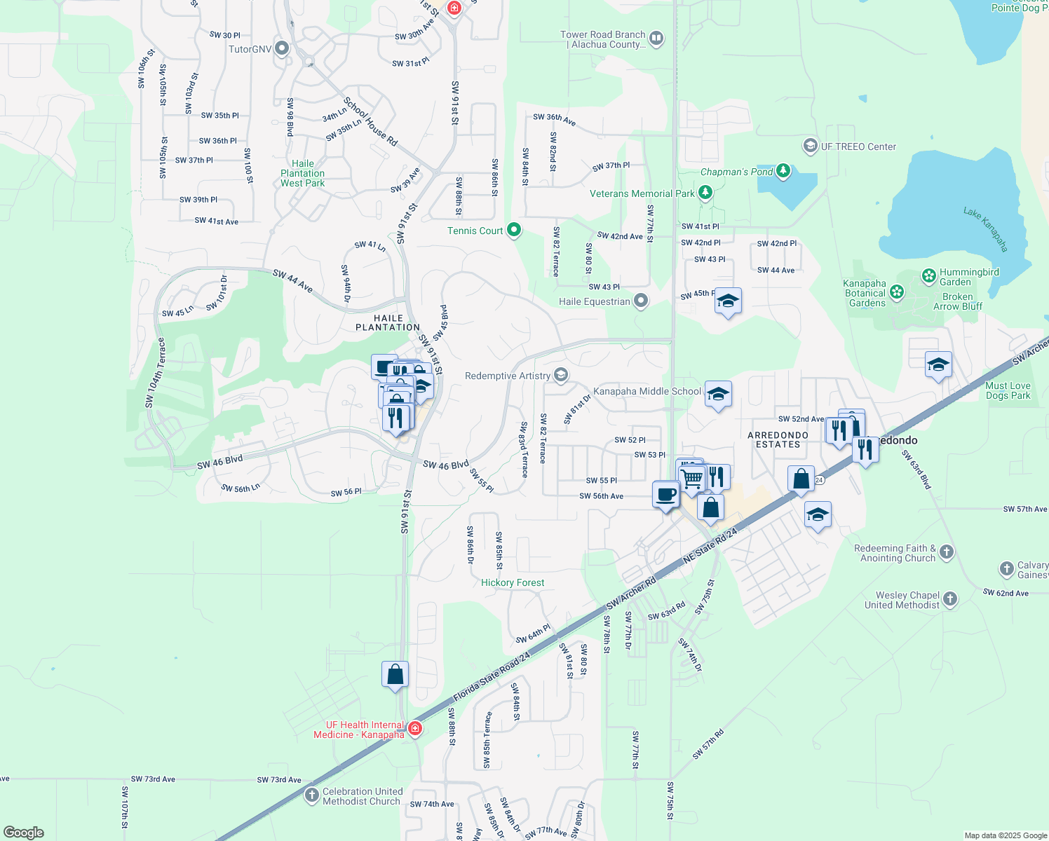map of restaurants, bars, coffee shops, grocery stores, and more near 8028 Southwest 83 Terrace in Gainesville