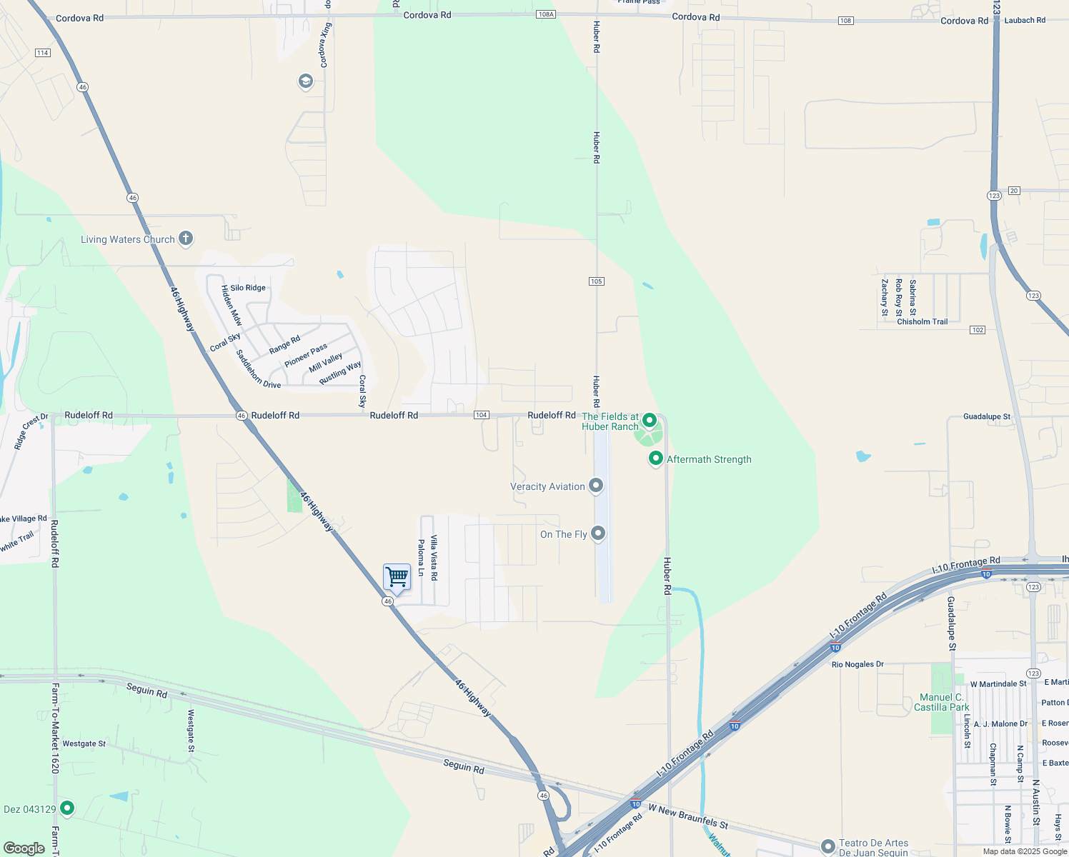 map of restaurants, bars, coffee shops, grocery stores, and more near 2217 Rudeloff Road in Seguin