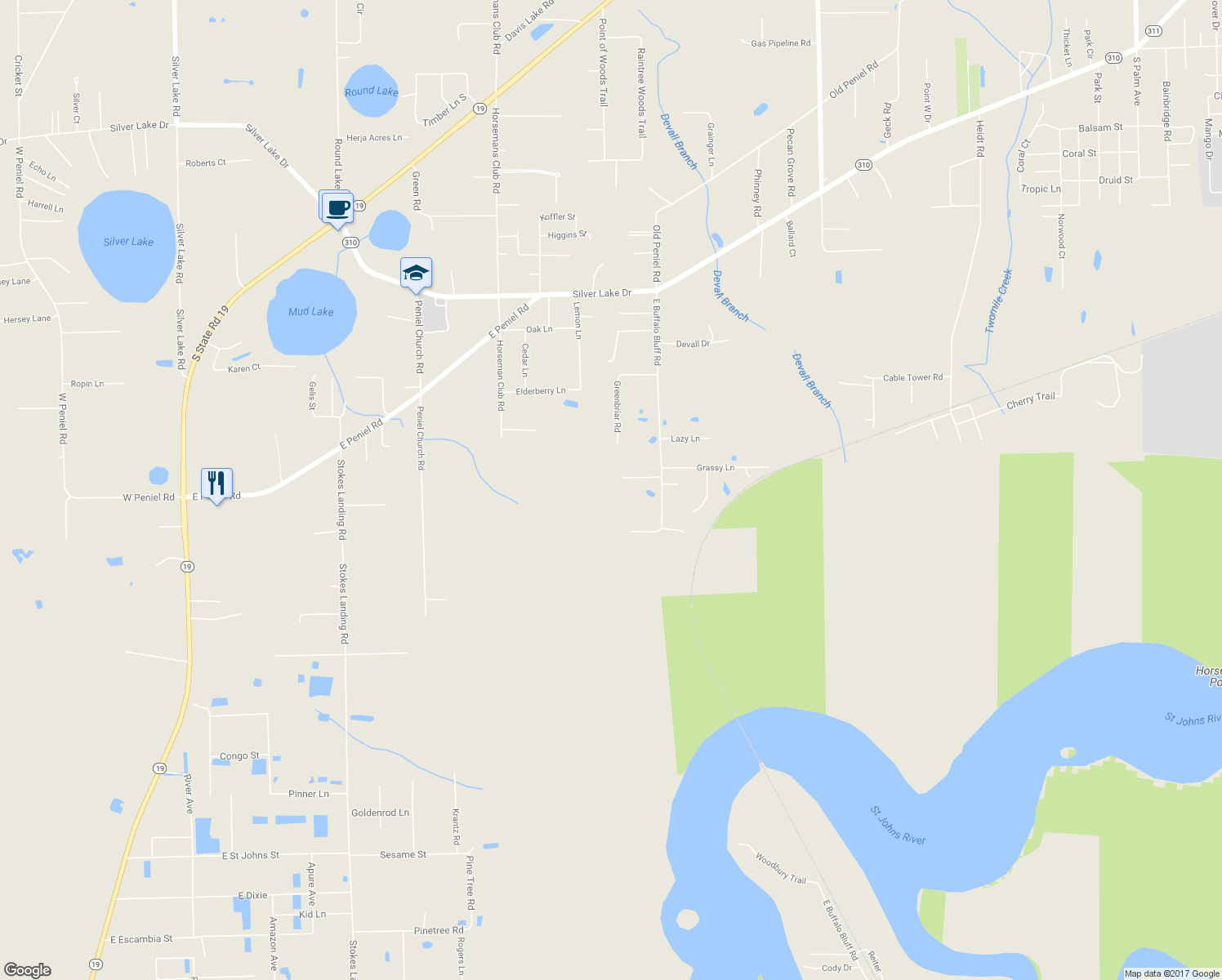 map of restaurants, bars, coffee shops, grocery stores, and more near 113 Greenbriar Road in Palatka