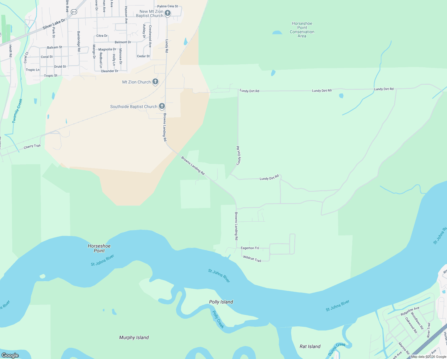 map of restaurants, bars, coffee shops, grocery stores, and more near 102 Riverside Lane in Palatka