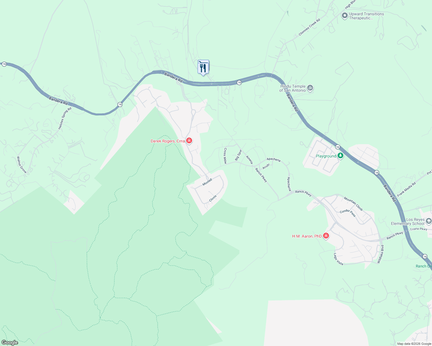 map of restaurants, bars, coffee shops, grocery stores, and more near 17003 Clovis in Helotes