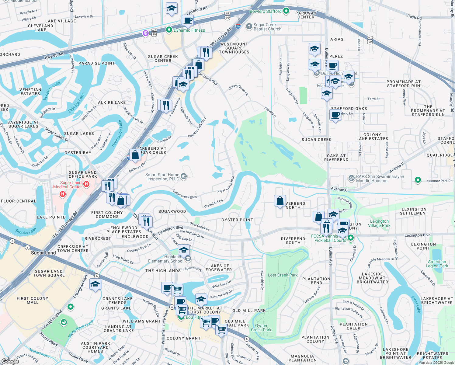 map of restaurants, bars, coffee shops, grocery stores, and more near 1211 Wedgewood Drive in Sugar Land