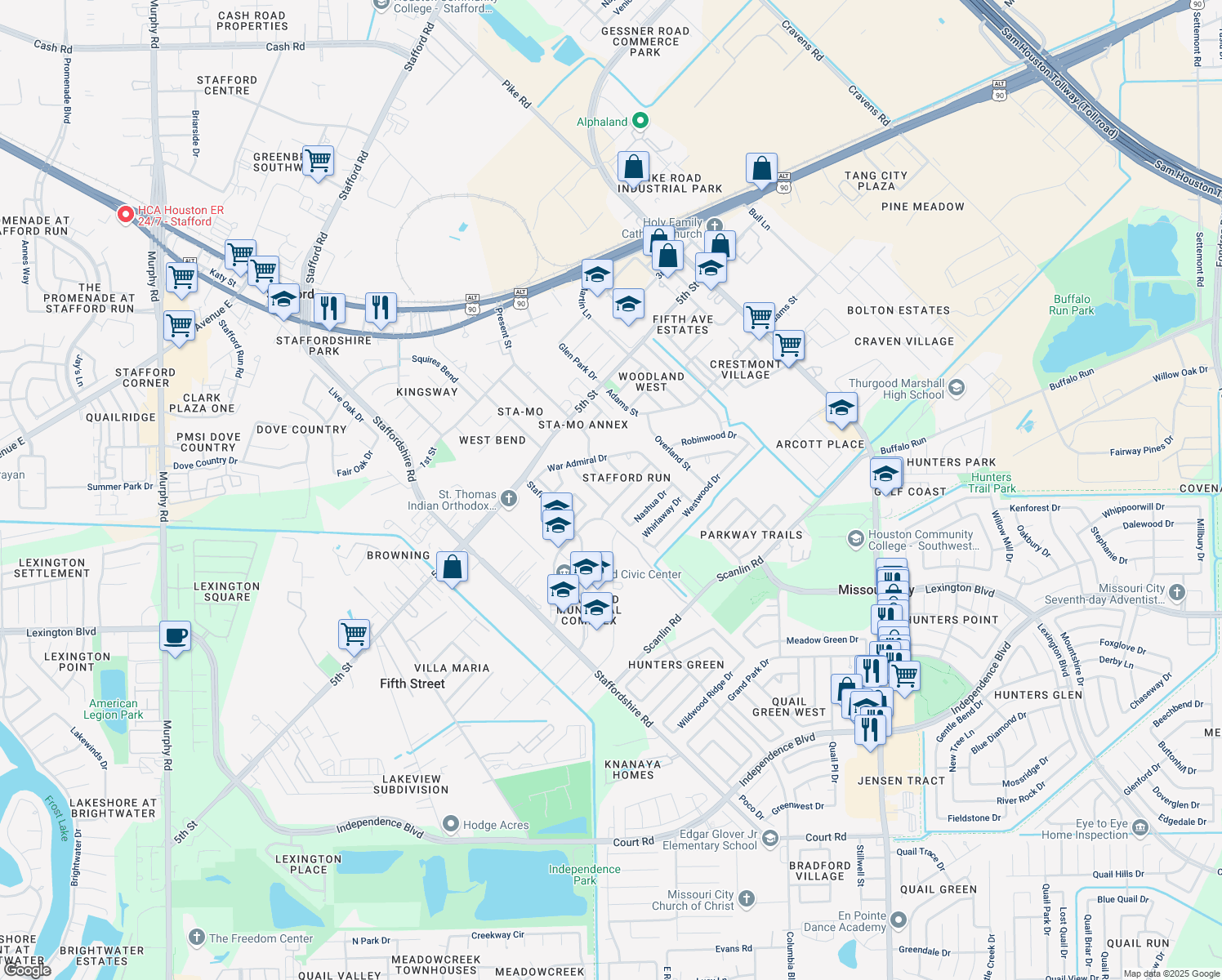 map of restaurants, bars, coffee shops, grocery stores, and more near 638 Easy Jet Drive in Stafford
