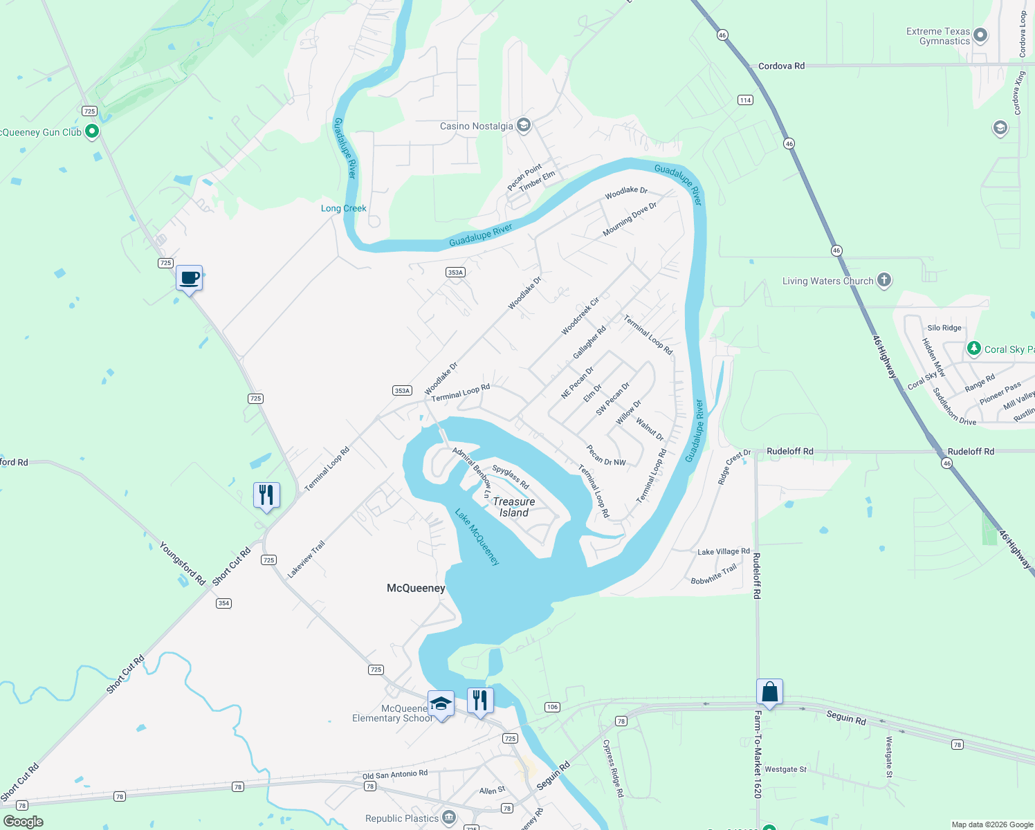 map of restaurants, bars, coffee shops, grocery stores, and more near 1287 Terminal Loop Road in McQueeney