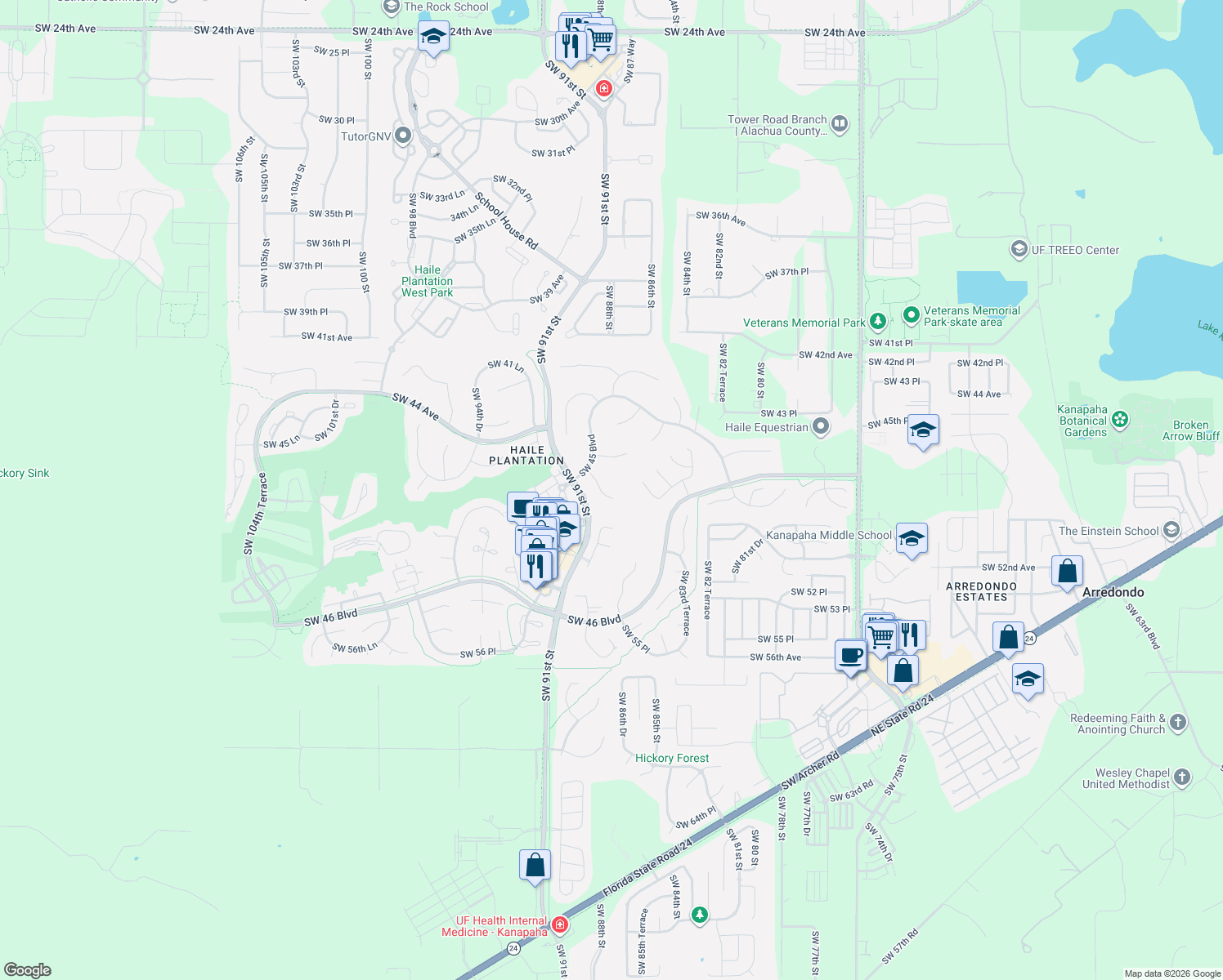 map of restaurants, bars, coffee shops, grocery stores, and more near 4735 Southwest 88 Drive in Gainesville