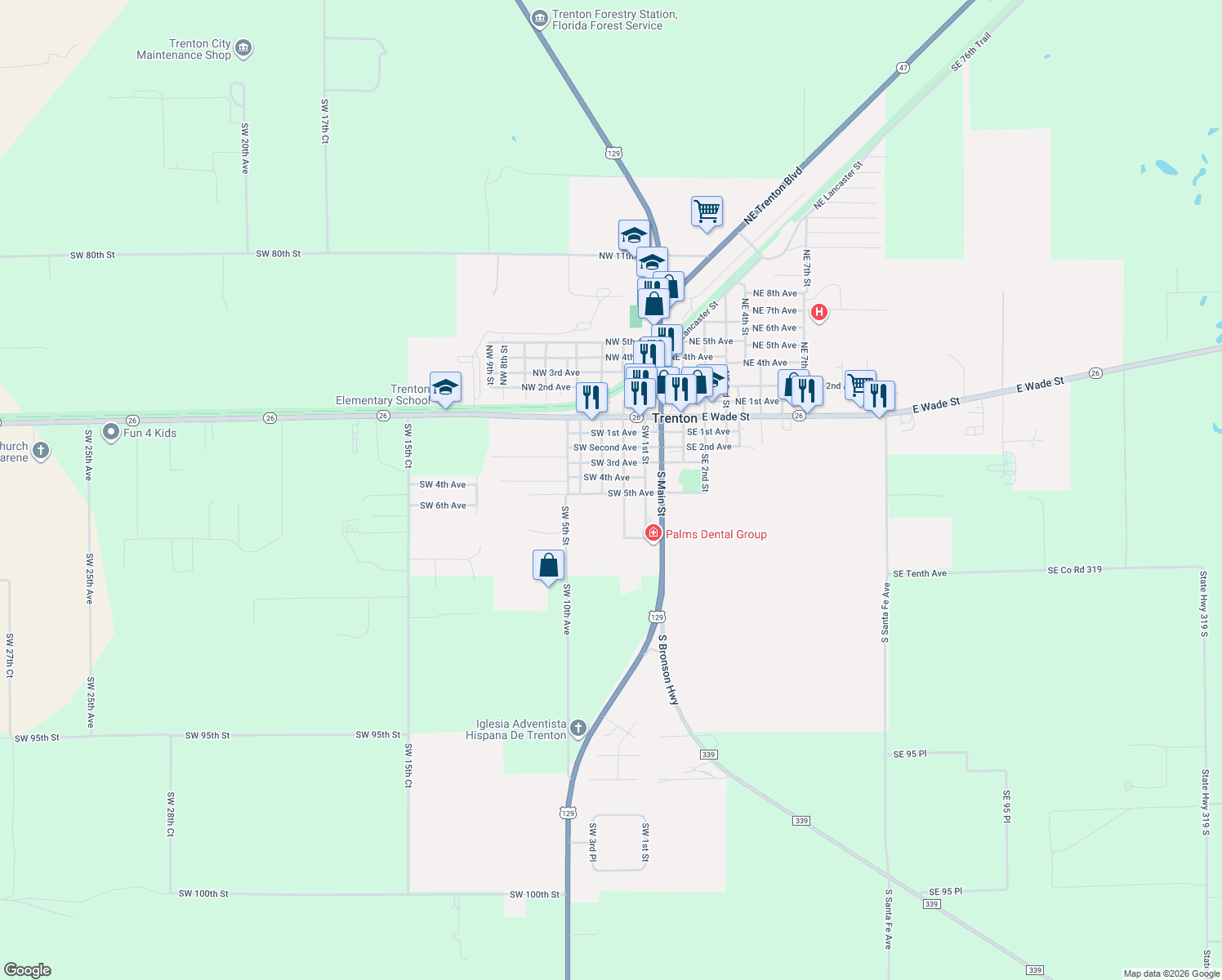 map of restaurants, bars, coffee shops, grocery stores, and more near 327 Southwest 5th Avenue in Trenton