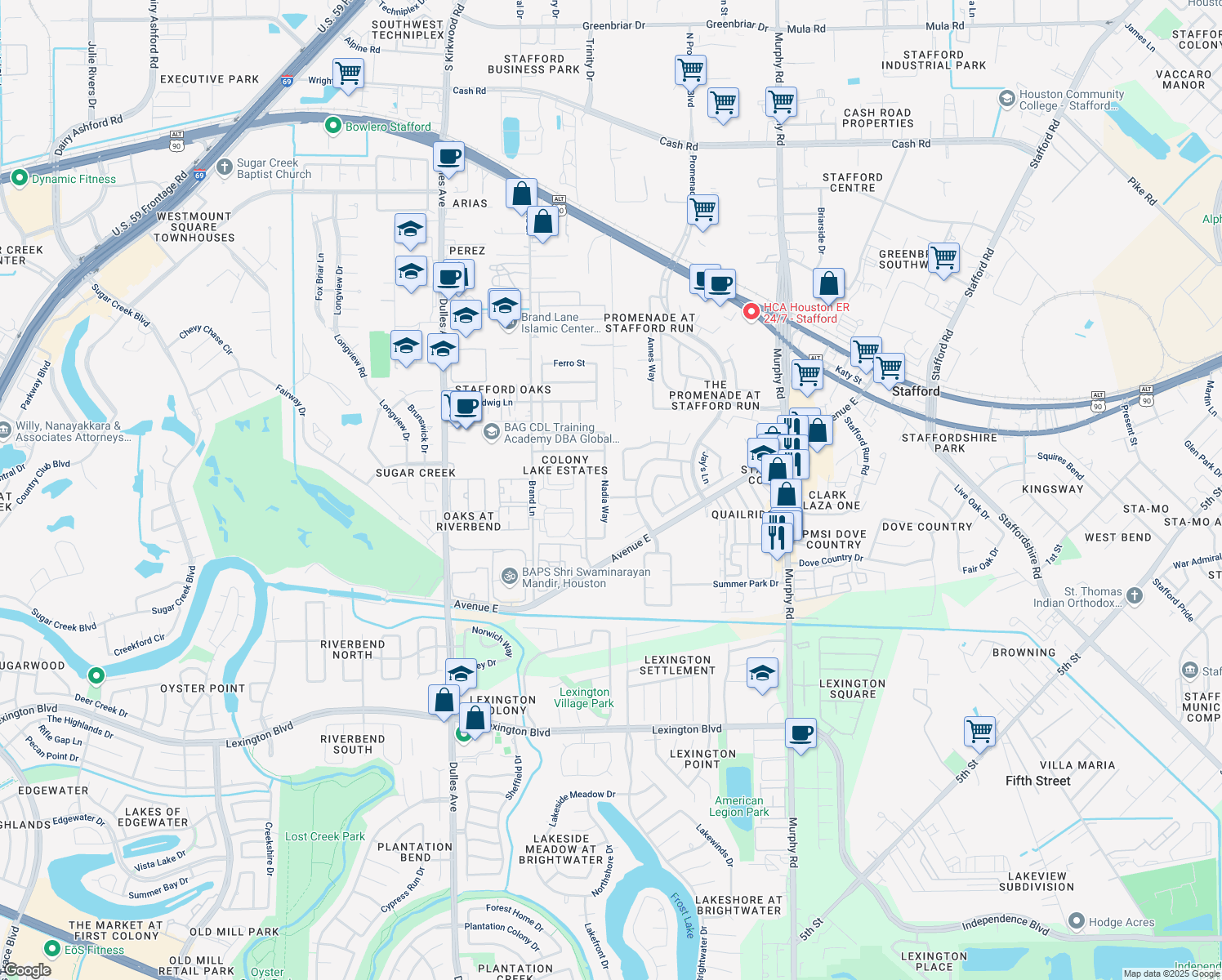 map of restaurants, bars, coffee shops, grocery stores, and more near 435 Nadia Way in Stafford