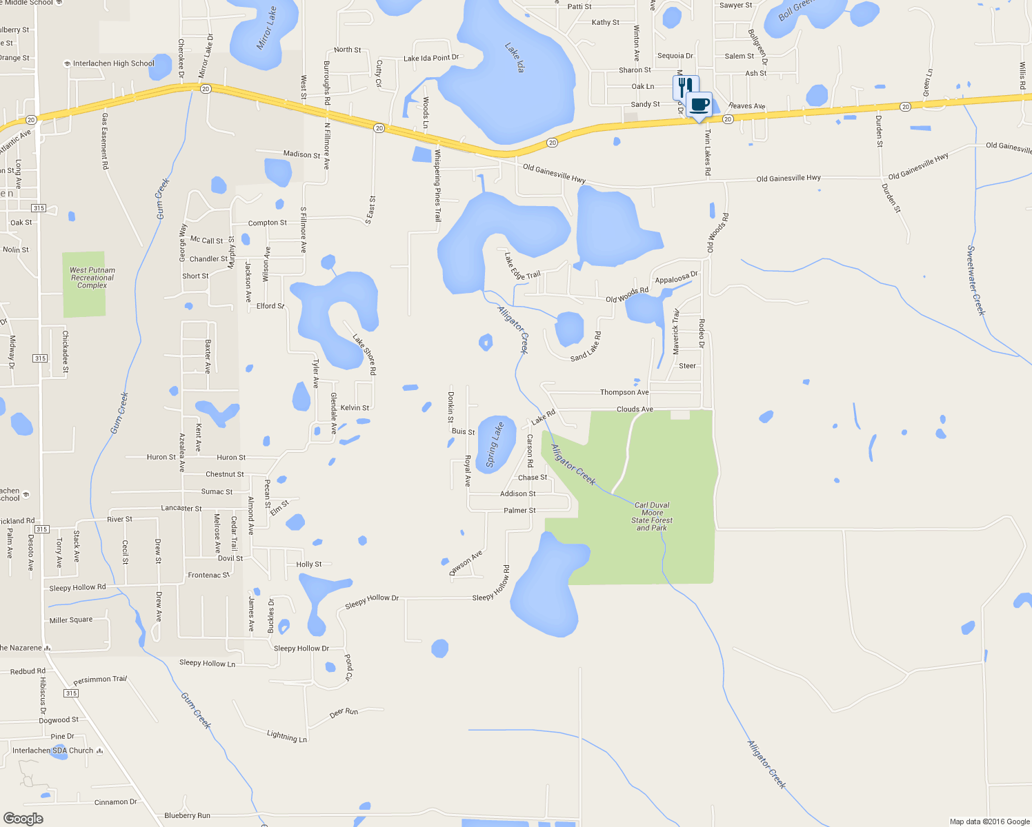 map of restaurants, bars, coffee shops, grocery stores, and more near 103 Carson Road in Interlachen