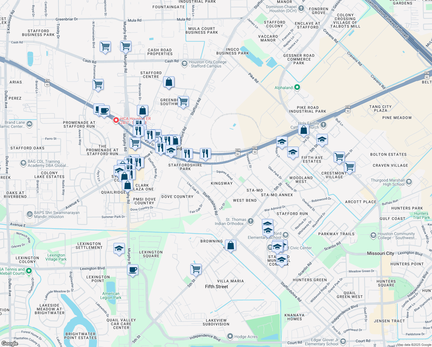 map of restaurants, bars, coffee shops, grocery stores, and more near 110 Squires Bend in Stafford