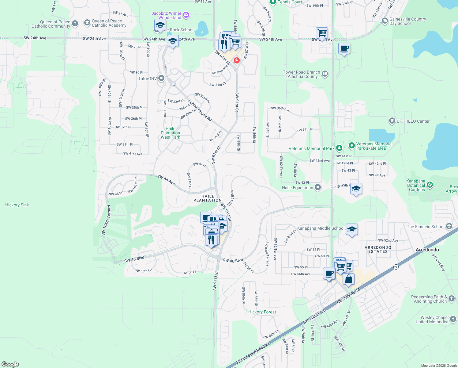 map of restaurants, bars, coffee shops, grocery stores, and more near 8820 Southwest 45 Boulevard in Gainesville