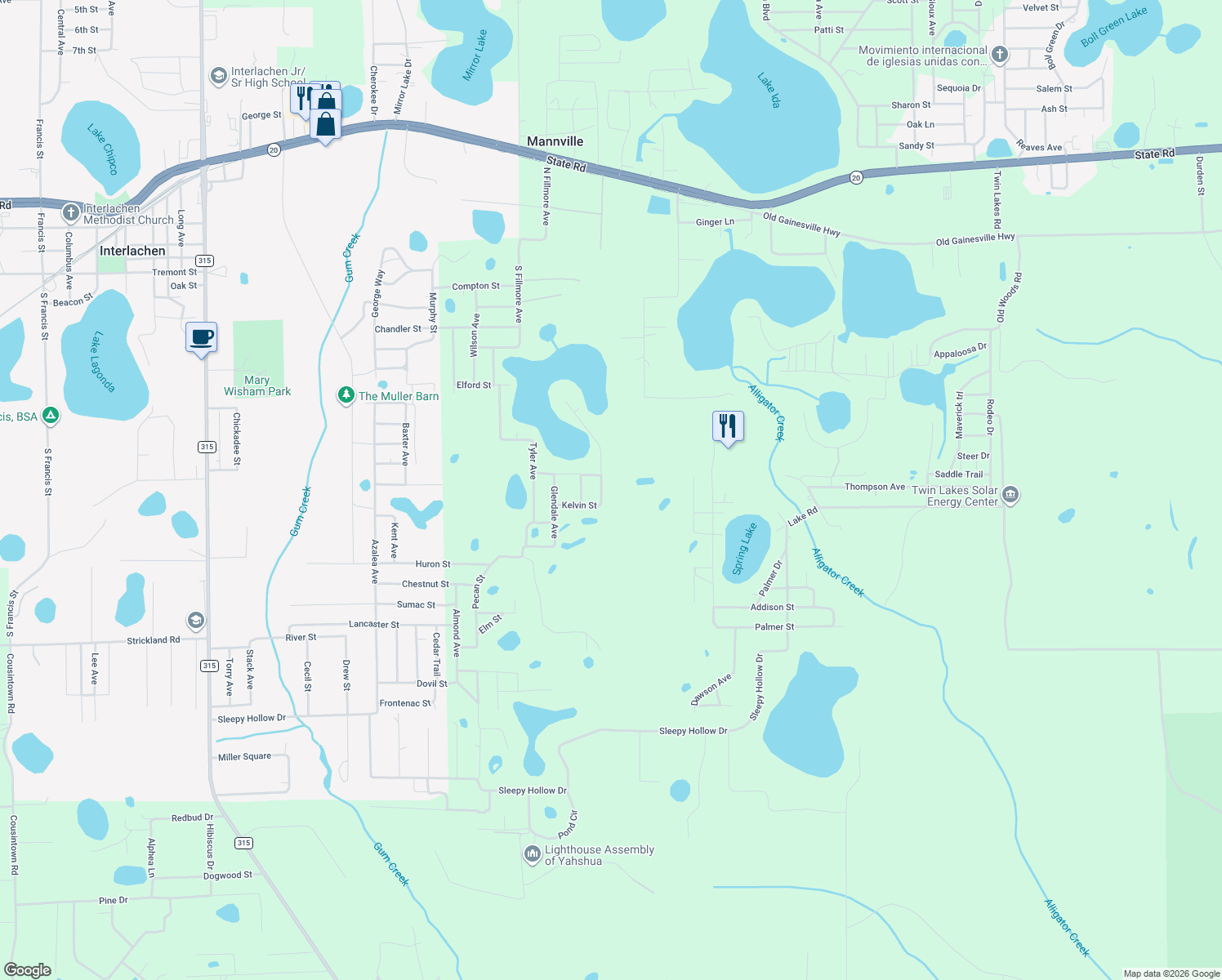 map of restaurants, bars, coffee shops, grocery stores, and more near 106 Lake Shore Road in Interlachen
