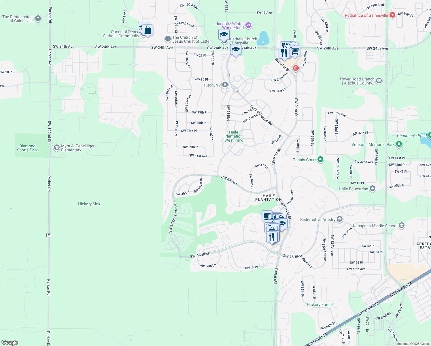 map of restaurants, bars, coffee shops, grocery stores, and more near 9909 Southwest 42nd Road in Gainesville
