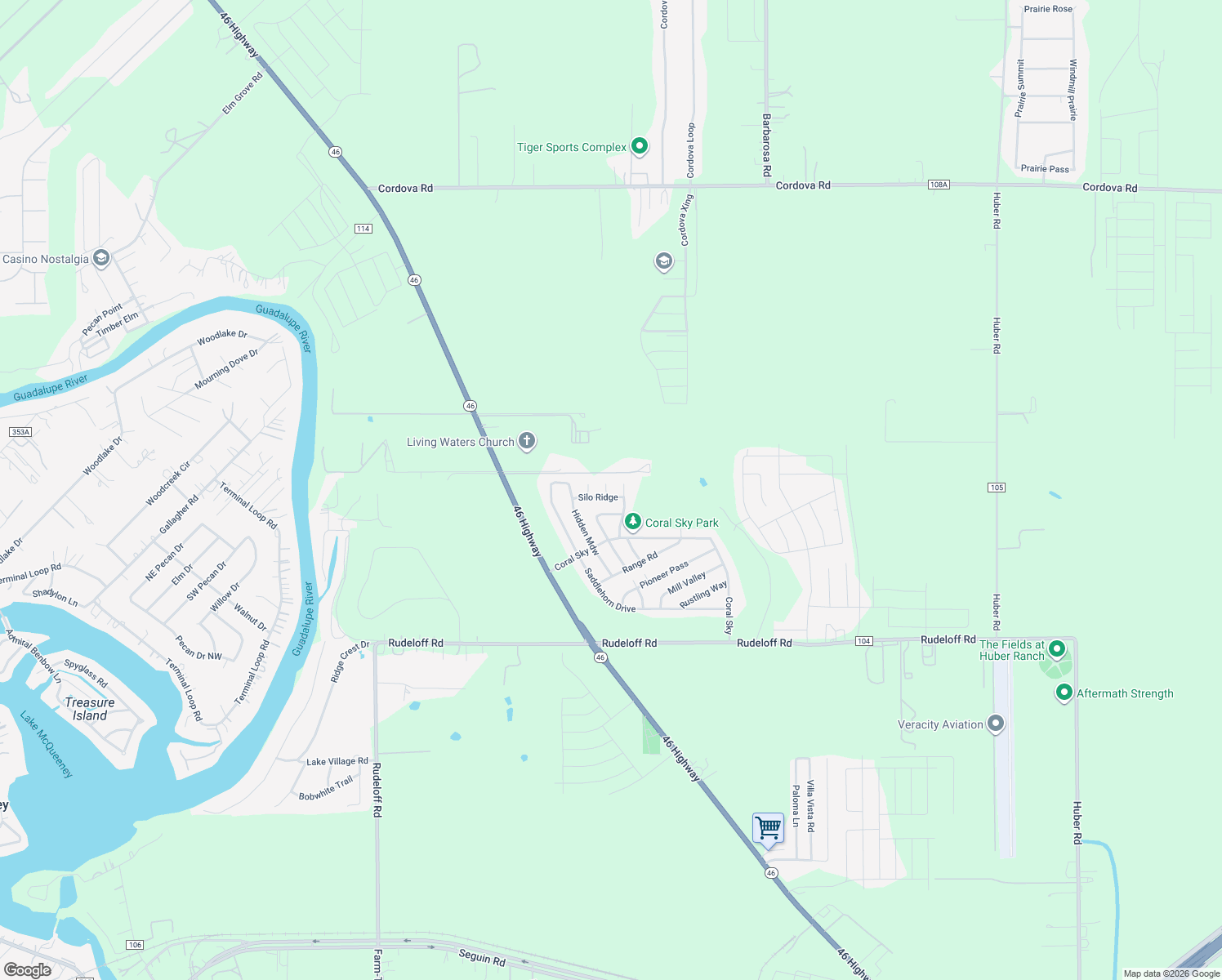 map of restaurants, bars, coffee shops, grocery stores, and more near 3067 Harvest Hollow in Seguin