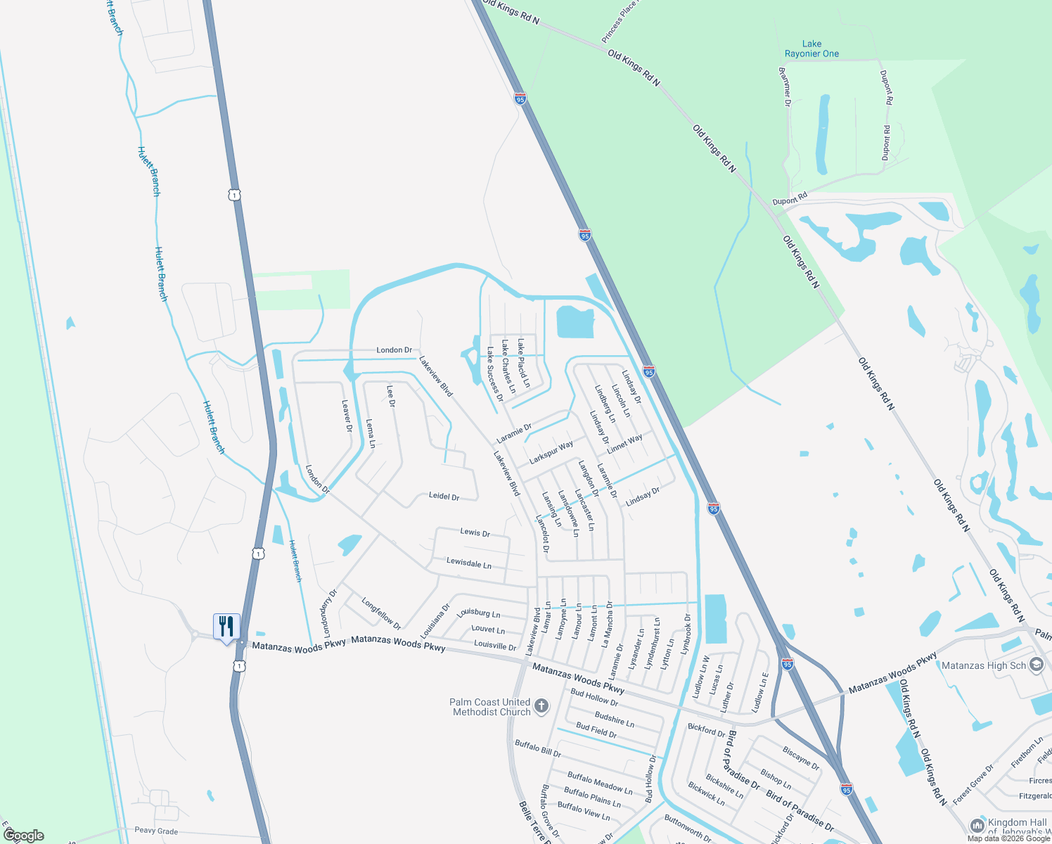 map of restaurants, bars, coffee shops, grocery stores, and more near 156 Laramie Drive in Palm Coast