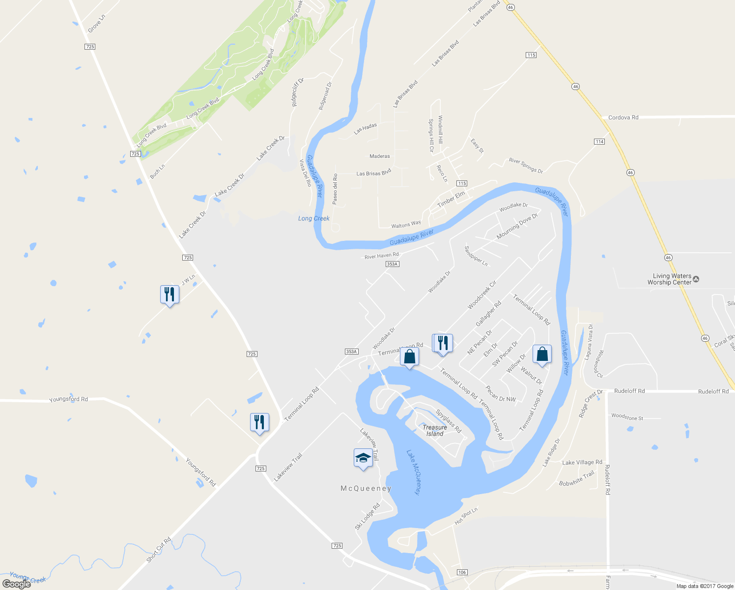 map of restaurants, bars, coffee shops, grocery stores, and more near 628 Happy Haven Road in McQueeney