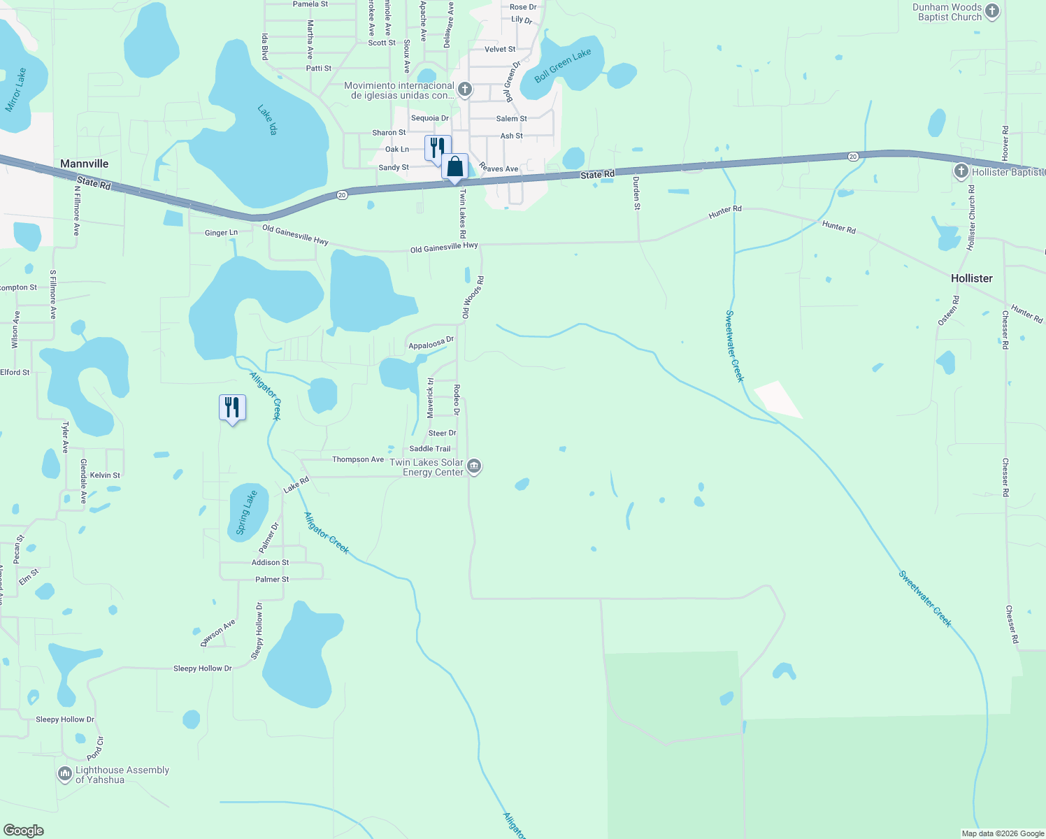 map of restaurants, bars, coffee shops, grocery stores, and more near 96 Bridle Way in Interlachen