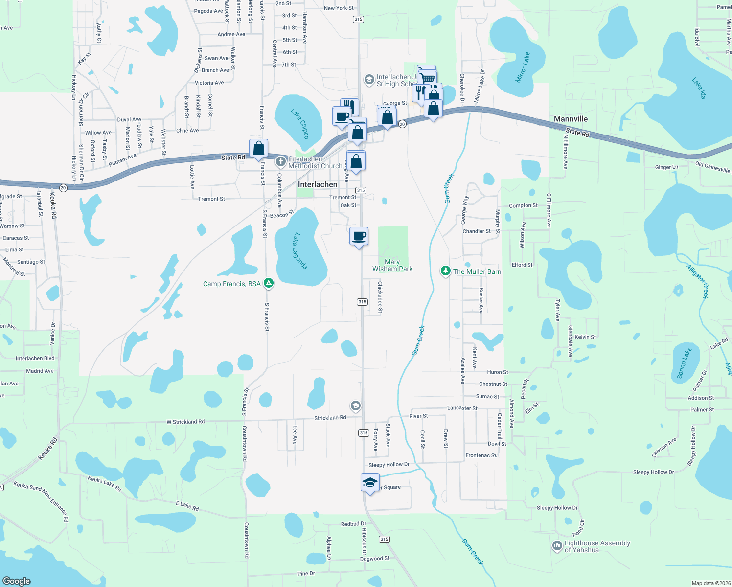 map of restaurants, bars, coffee shops, grocery stores, and more near 196 County Road 315 in Interlachen