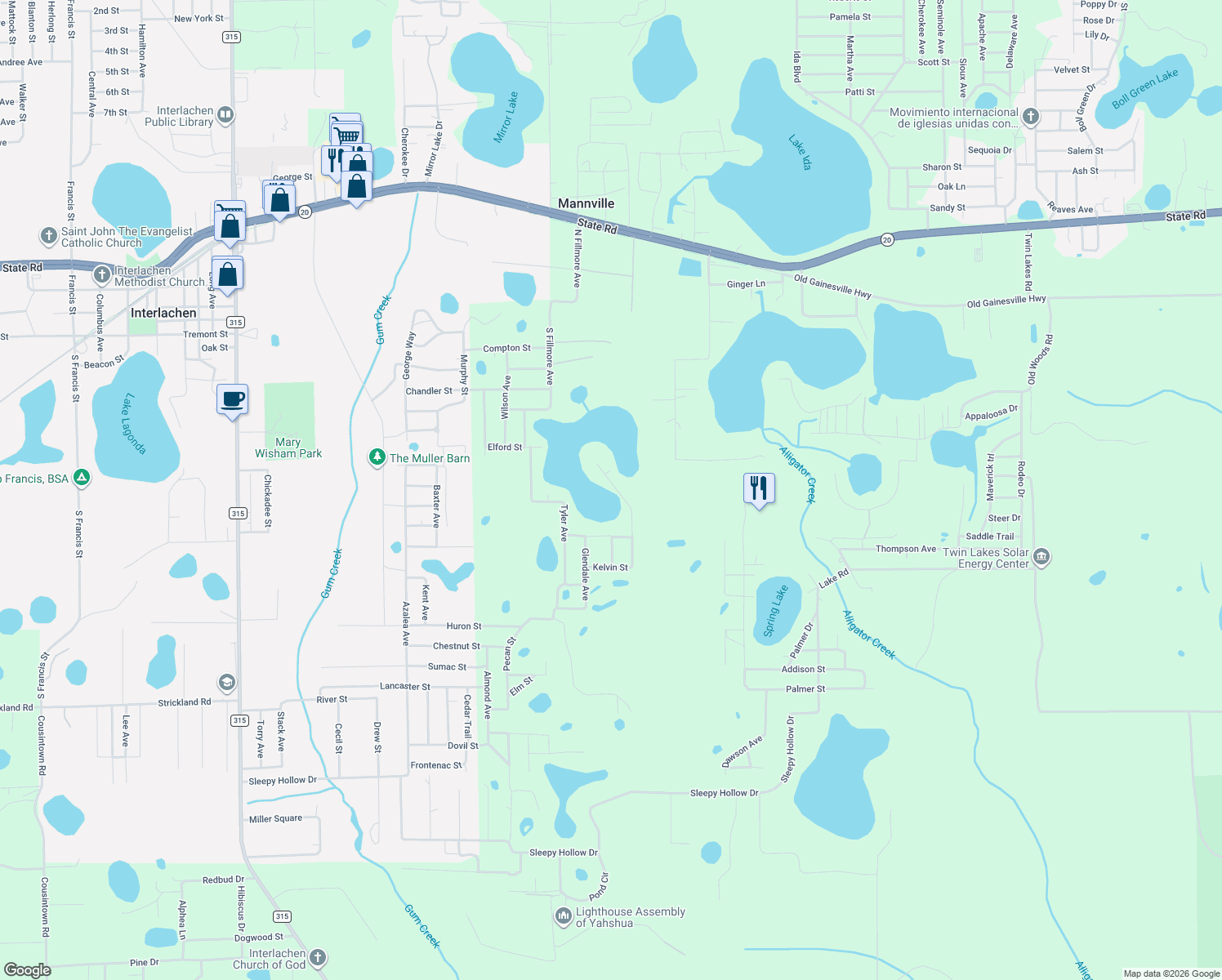 map of restaurants, bars, coffee shops, grocery stores, and more near 219 Lake Shore Road in Interlachen