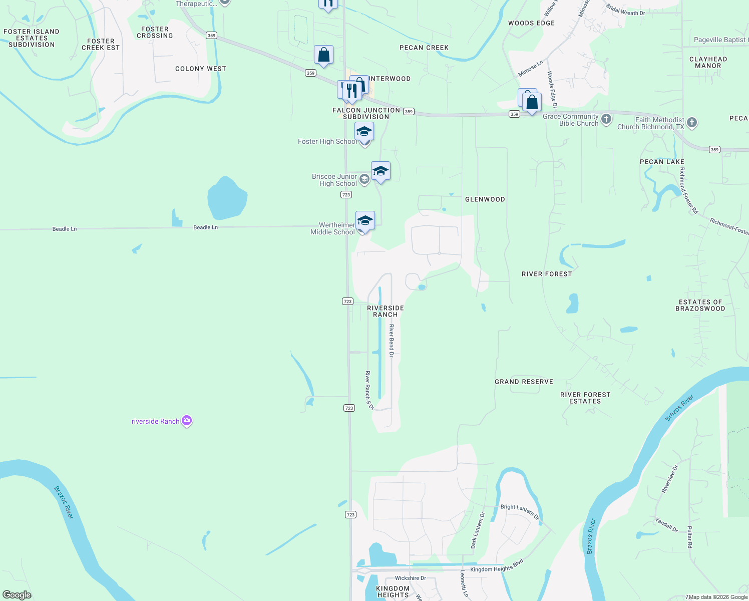 map of restaurants, bars, coffee shops, grocery stores, and more near 3518 River Ranch N Dr in Rosenberg
