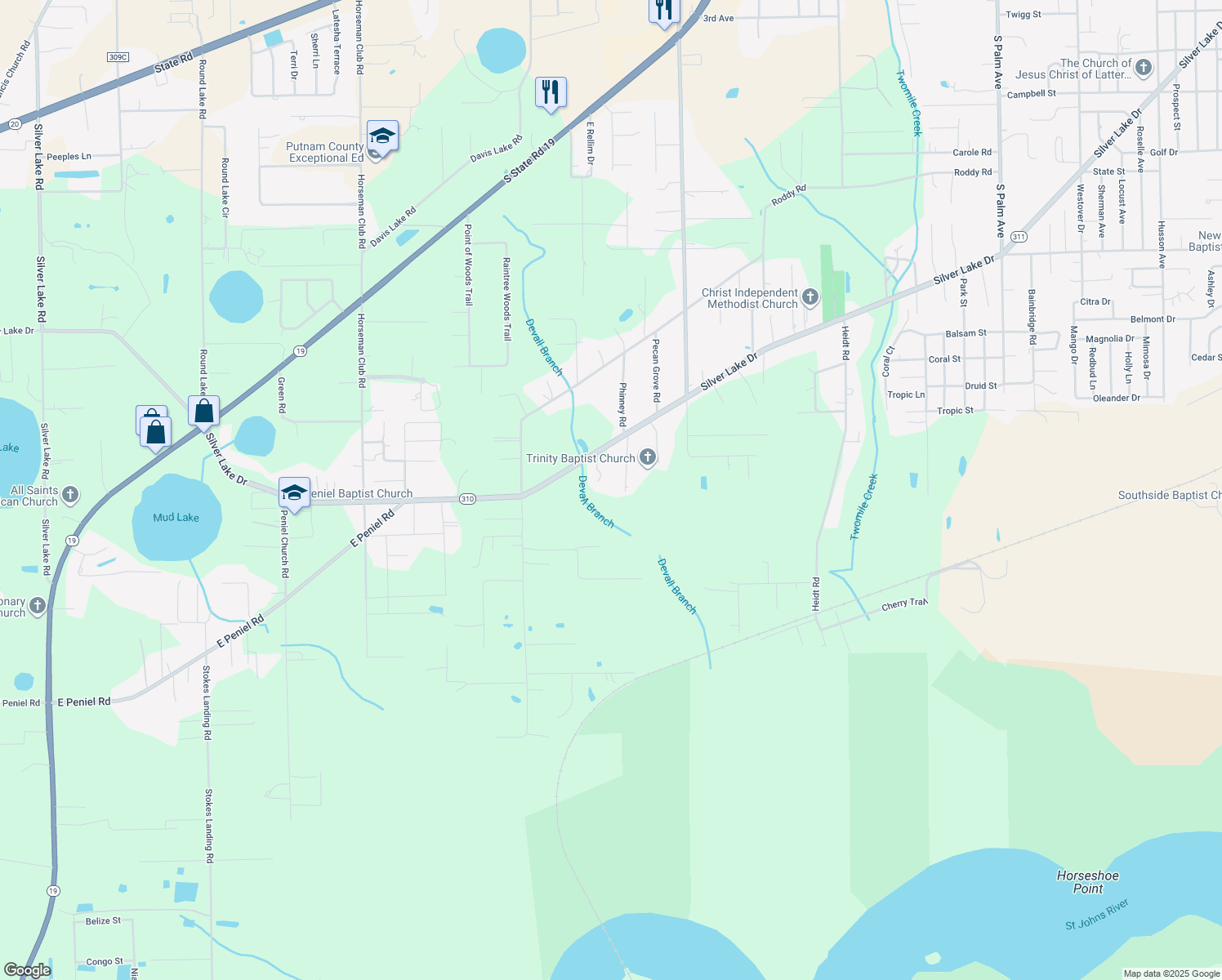 map of restaurants, bars, coffee shops, grocery stores, and more near 133 Gaskin Road in Palatka