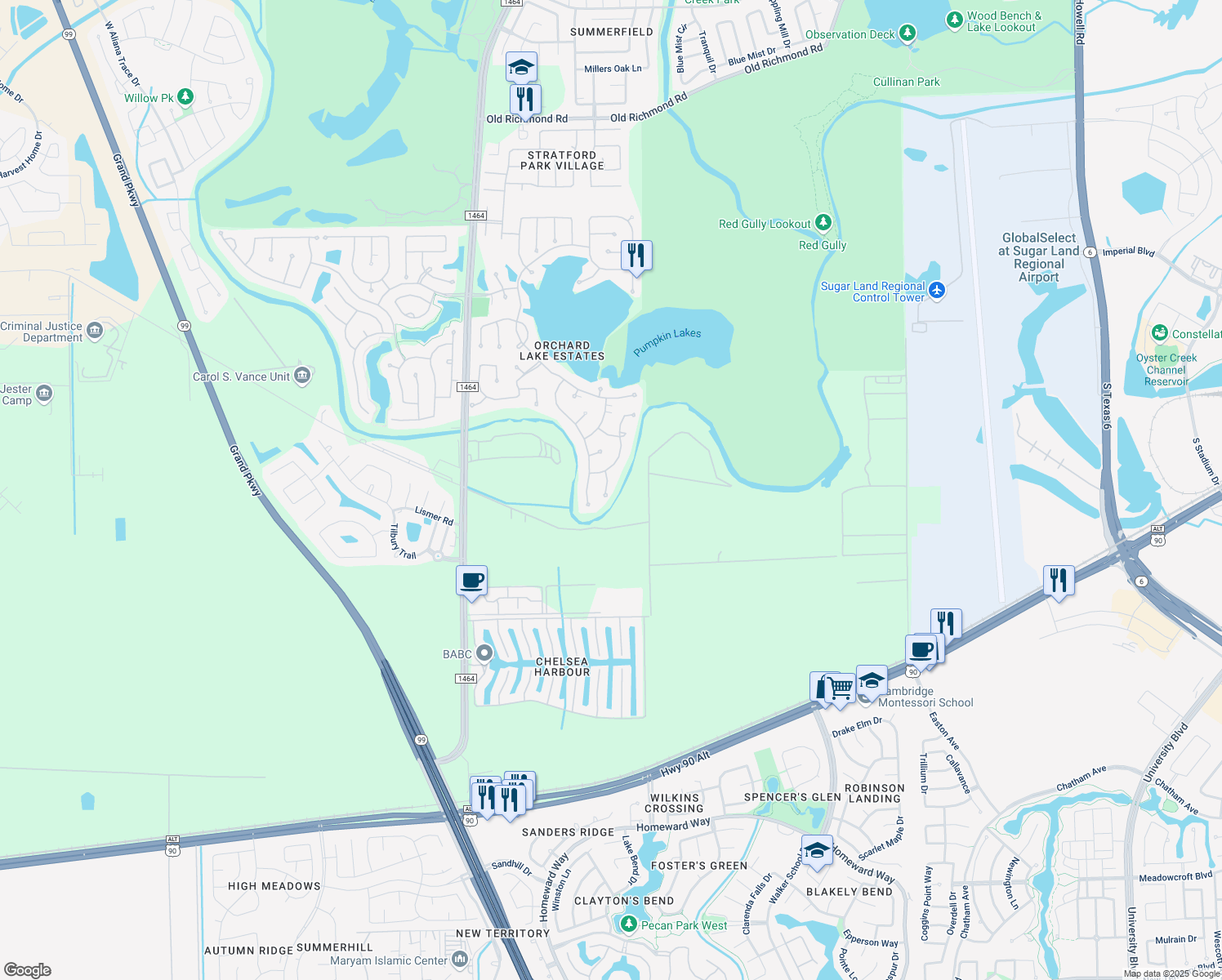 map of restaurants, bars, coffee shops, grocery stores, and more near 13619 Laurel Terrace Lane in Sugar Land