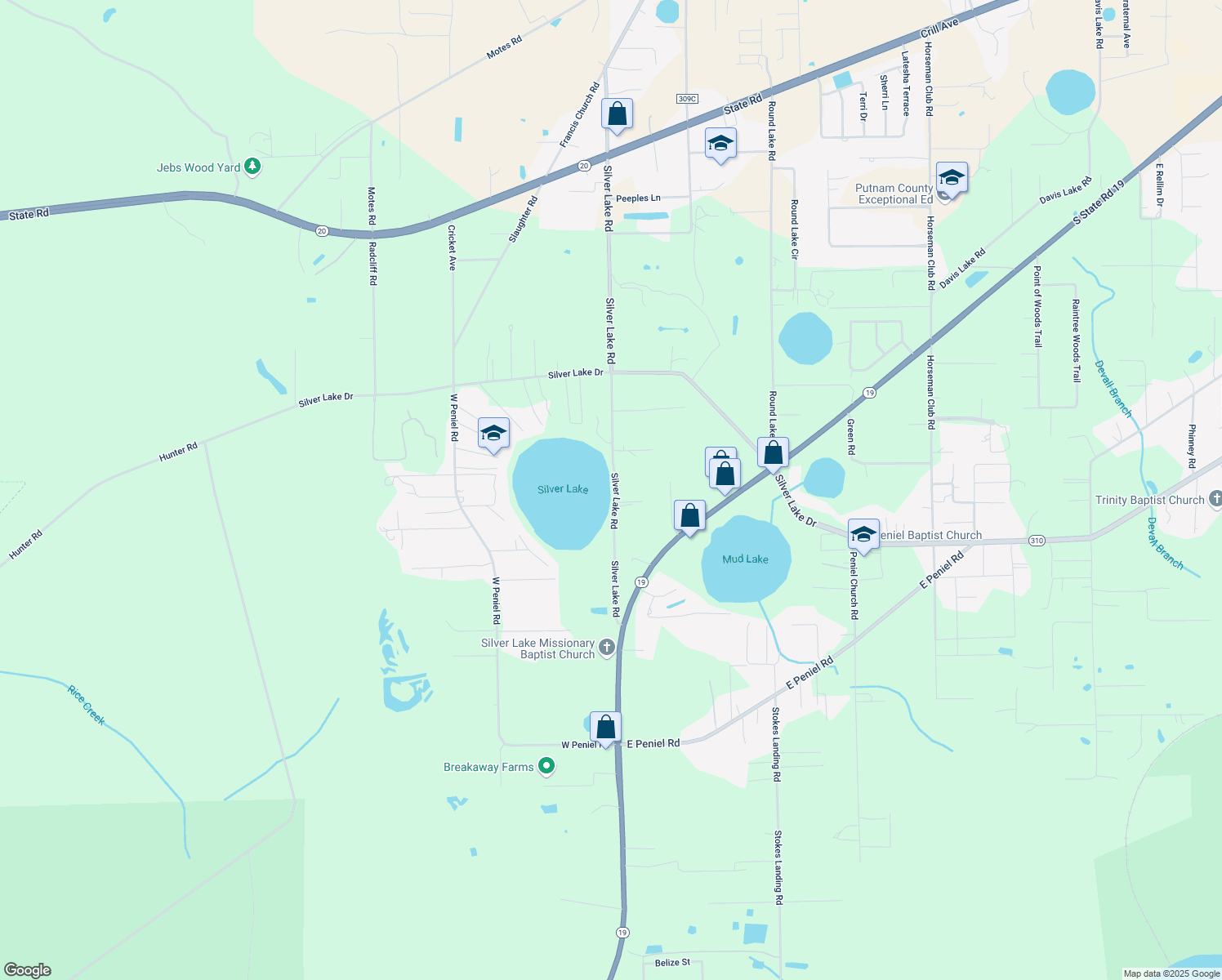 map of restaurants, bars, coffee shops, grocery stores, and more near 414 Silver Lake Road in Palatka
