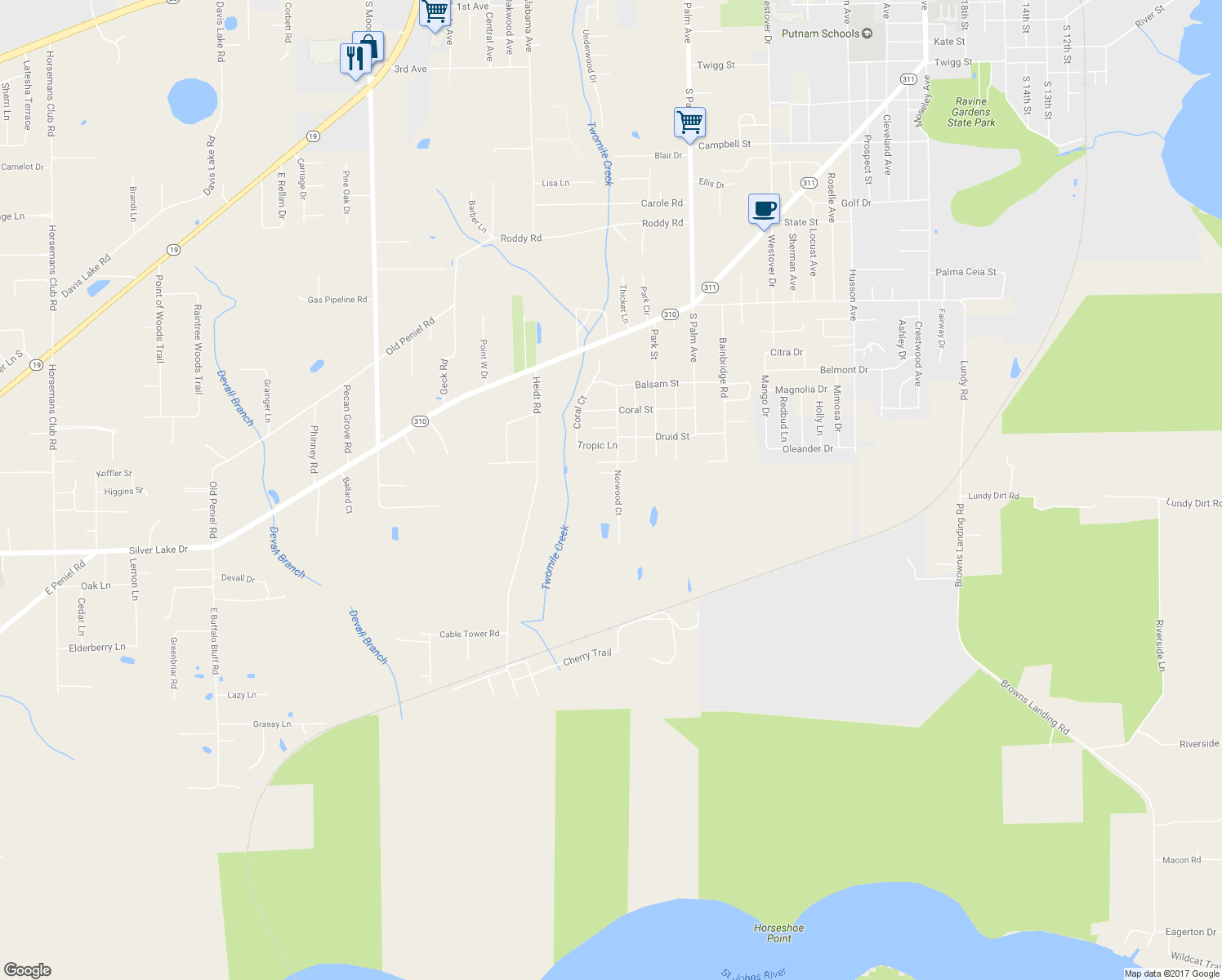 map of restaurants, bars, coffee shops, grocery stores, and more near 3720 Norwood Street in Palatka
