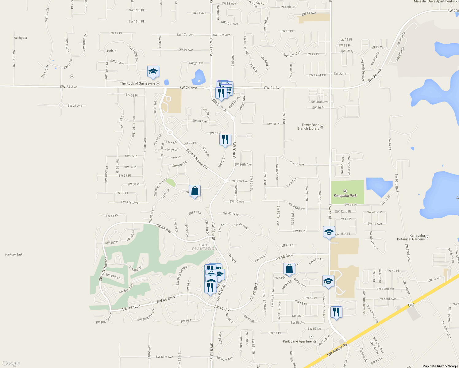 map of restaurants, bars, coffee shops, grocery stores, and more near 8824 Southwest 38 Road in Gainesville