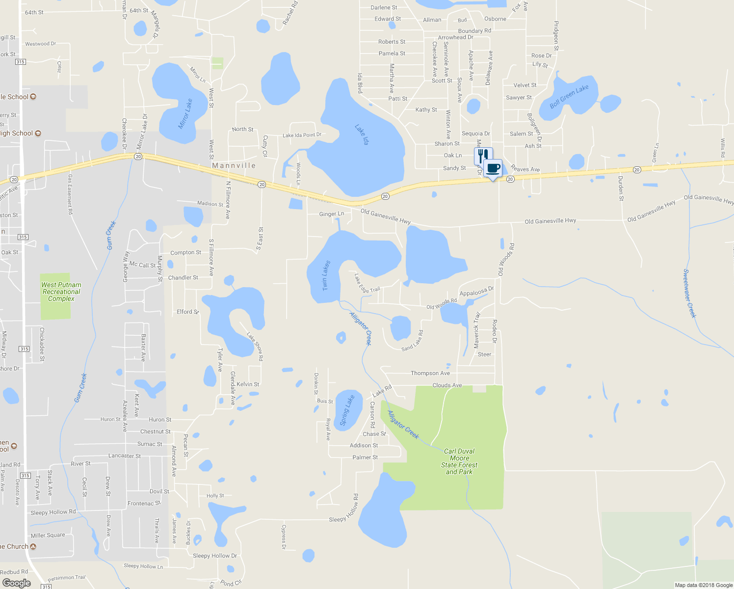 map of restaurants, bars, coffee shops, grocery stores, and more near 113 Lake Edge Trail in Interlachen