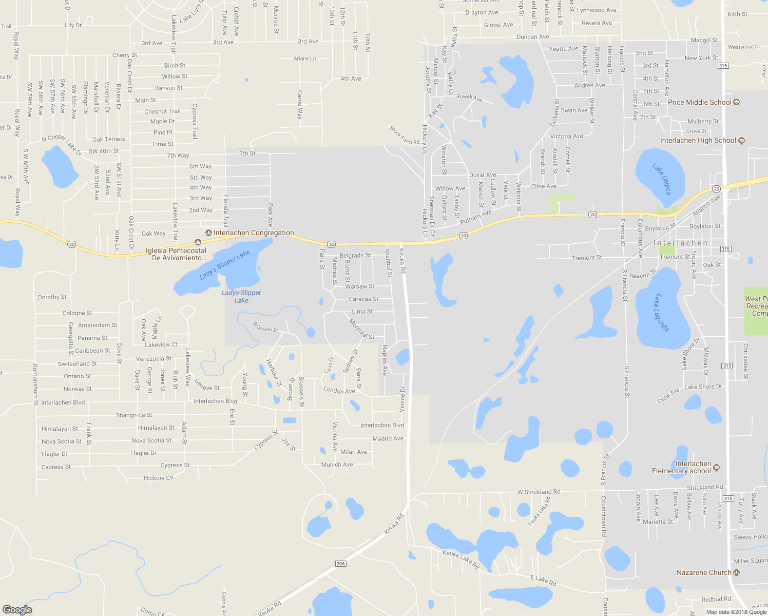 map of restaurants, bars, coffee shops, grocery stores, and more near 104 Lima Street in Interlachen