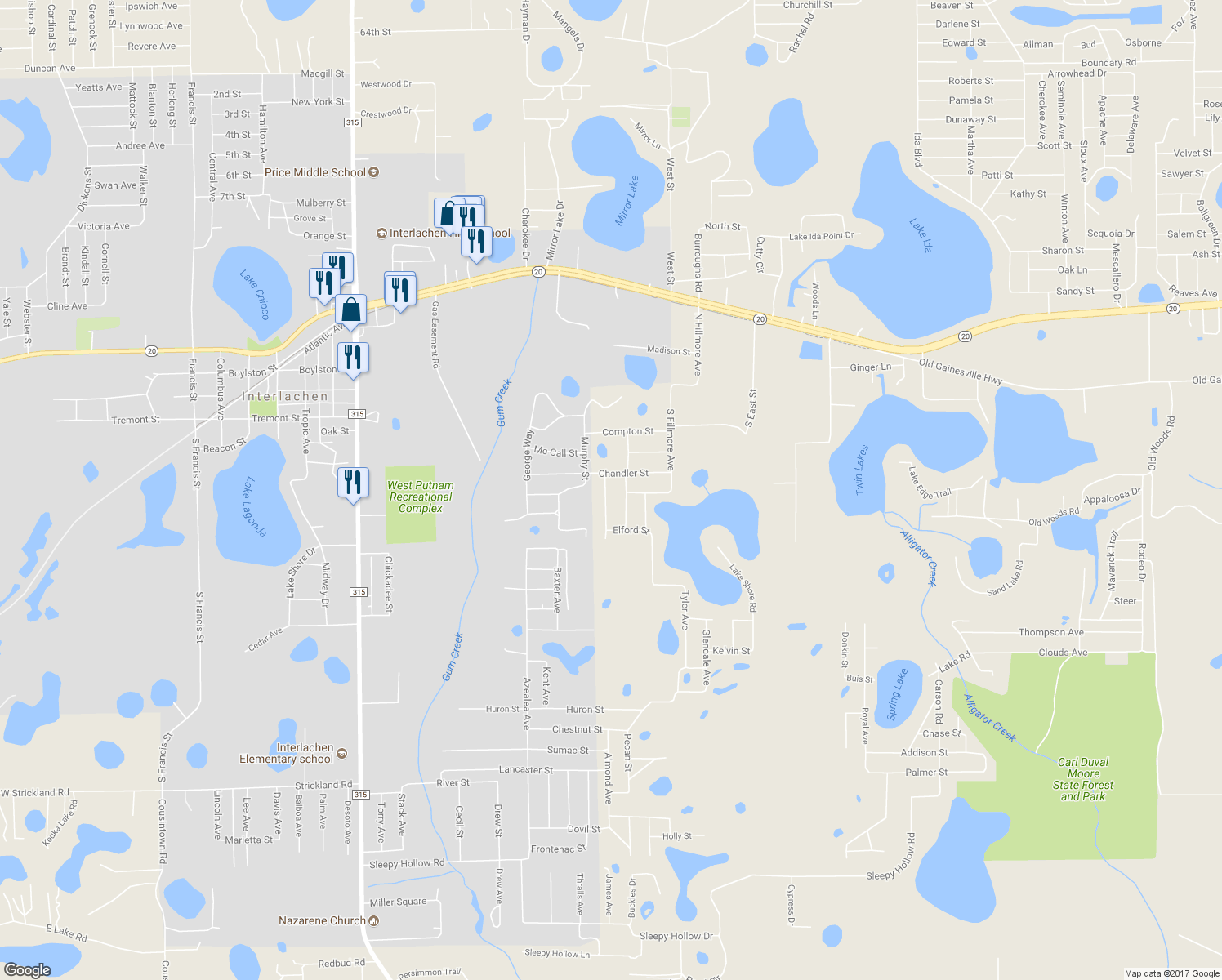 map of restaurants, bars, coffee shops, grocery stores, and more near 104 Jackson Avenue in Interlachen
