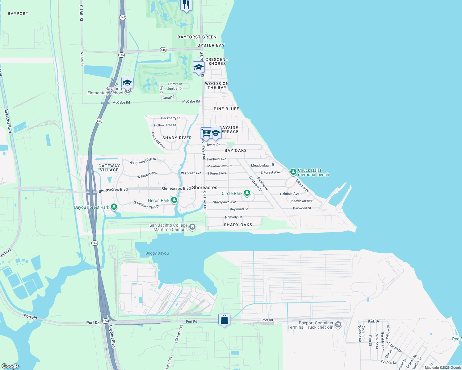map of restaurants, bars, coffee shops, grocery stores, and more near 538 Shore Acres Boulevard in La Porte