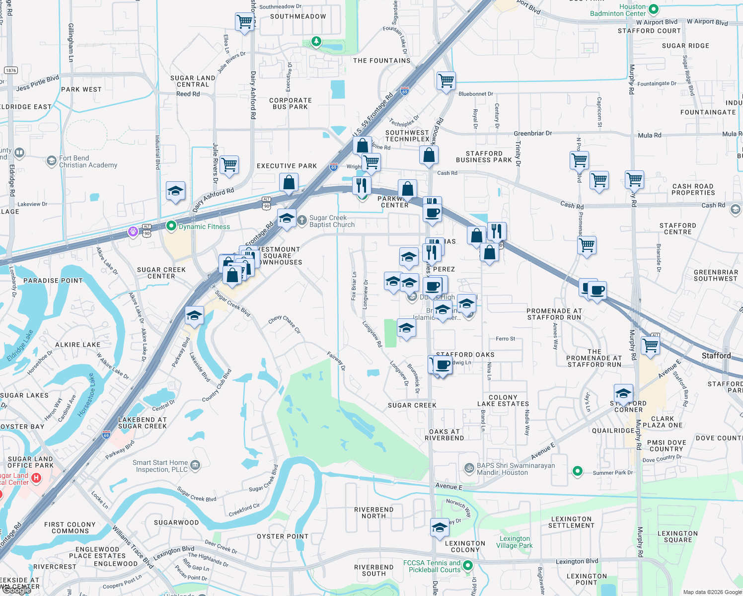 map of restaurants, bars, coffee shops, grocery stores, and more near 3106 Briar Court in Sugar Land