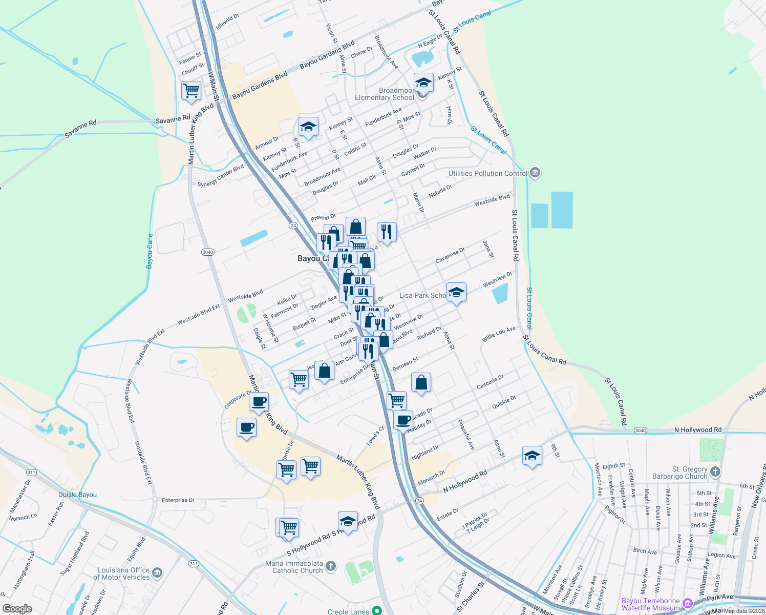 map of restaurants, bars, coffee shops, grocery stores, and more near 113 Harding Drive in Houma