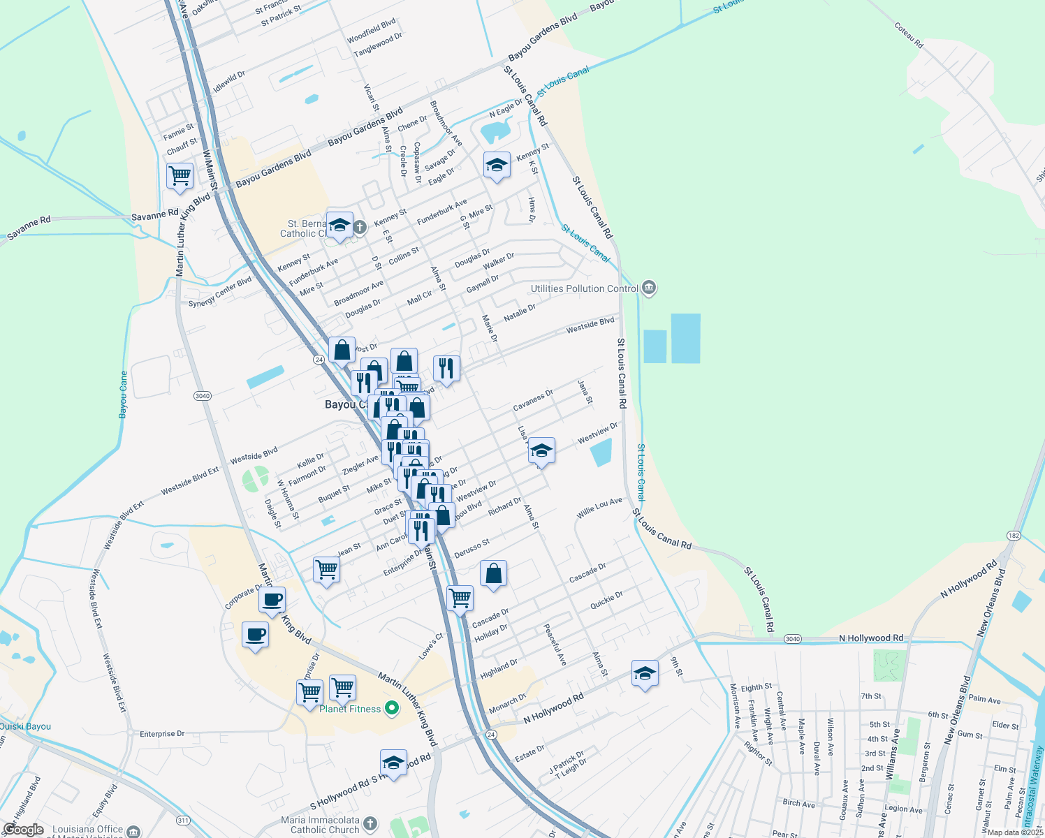 map of restaurants, bars, coffee shops, grocery stores, and more near 403 Louis Drive in Houma