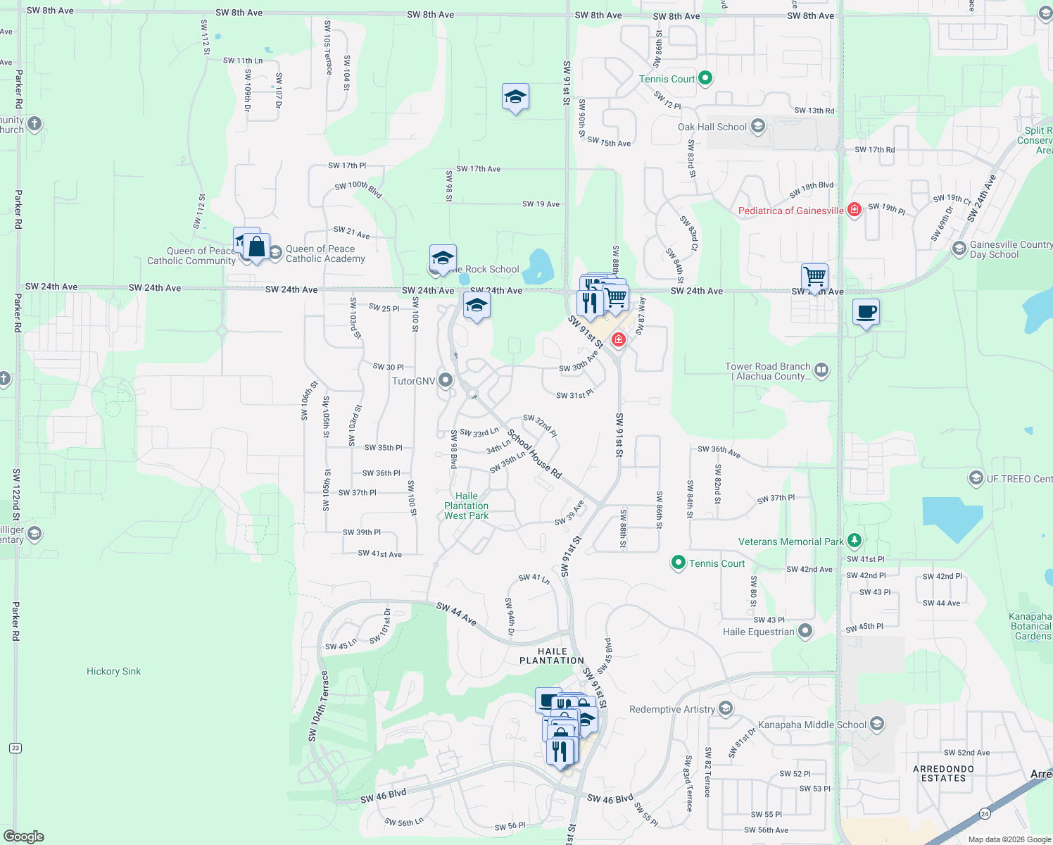 map of restaurants, bars, coffee shops, grocery stores, and more near 9342 Southwest 33 Road in Gainesville